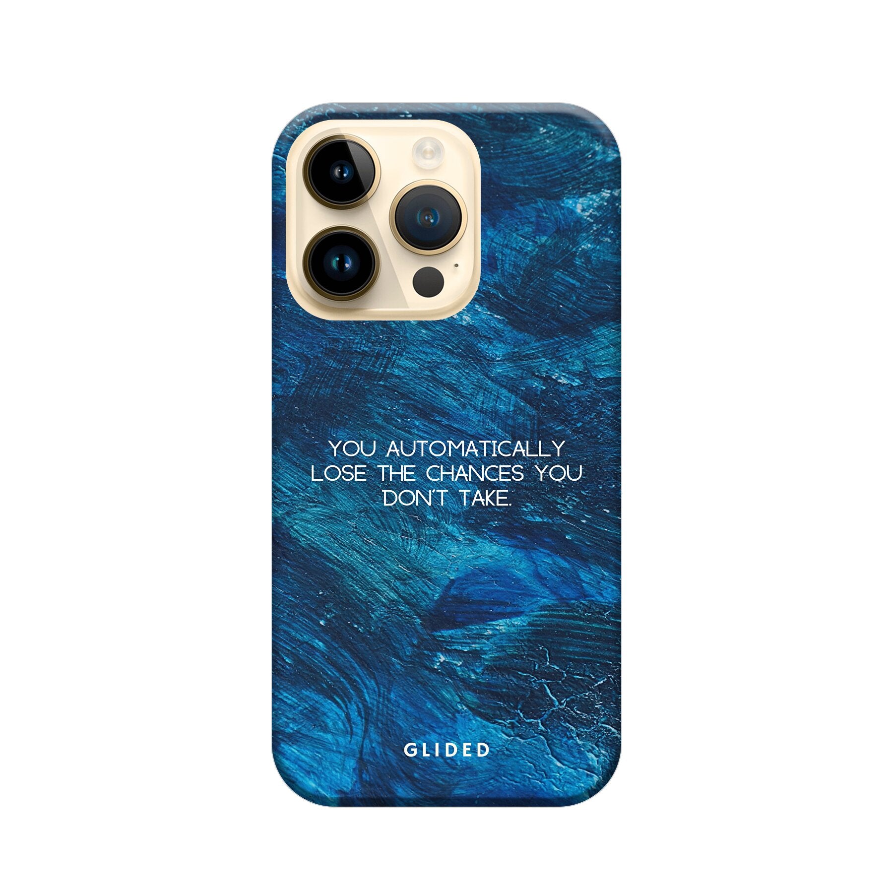 Chances iPhone 15 Pro Handyhülle mit inspirierendem Spruch auf dunkelblauem Hintergrund, bietet Schutz und Motivation.