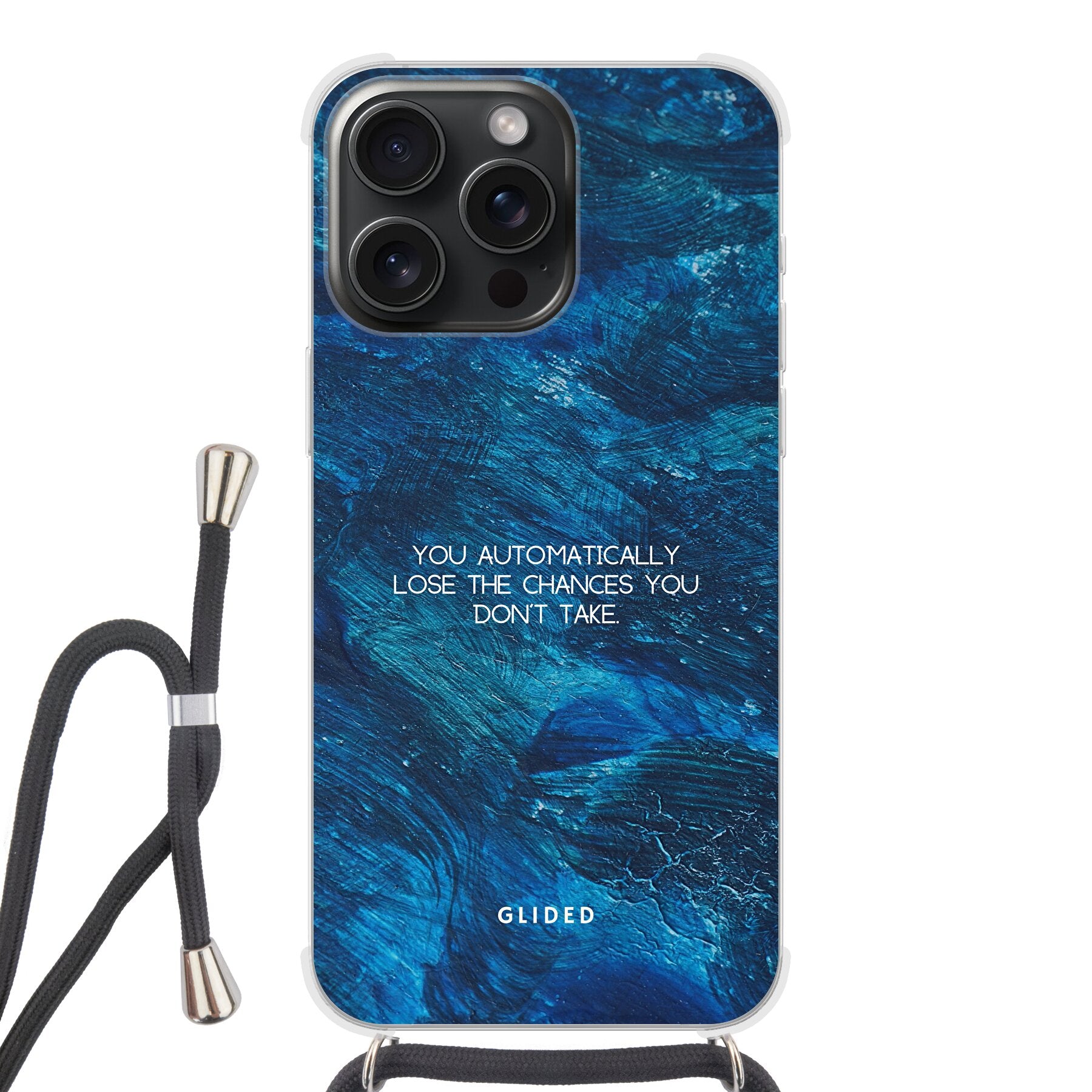 Chances iPhone 15 Pro Handyhülle mit inspirierendem Spruch auf dunkelblauem Hintergrund, bietet Schutz und Motivation.