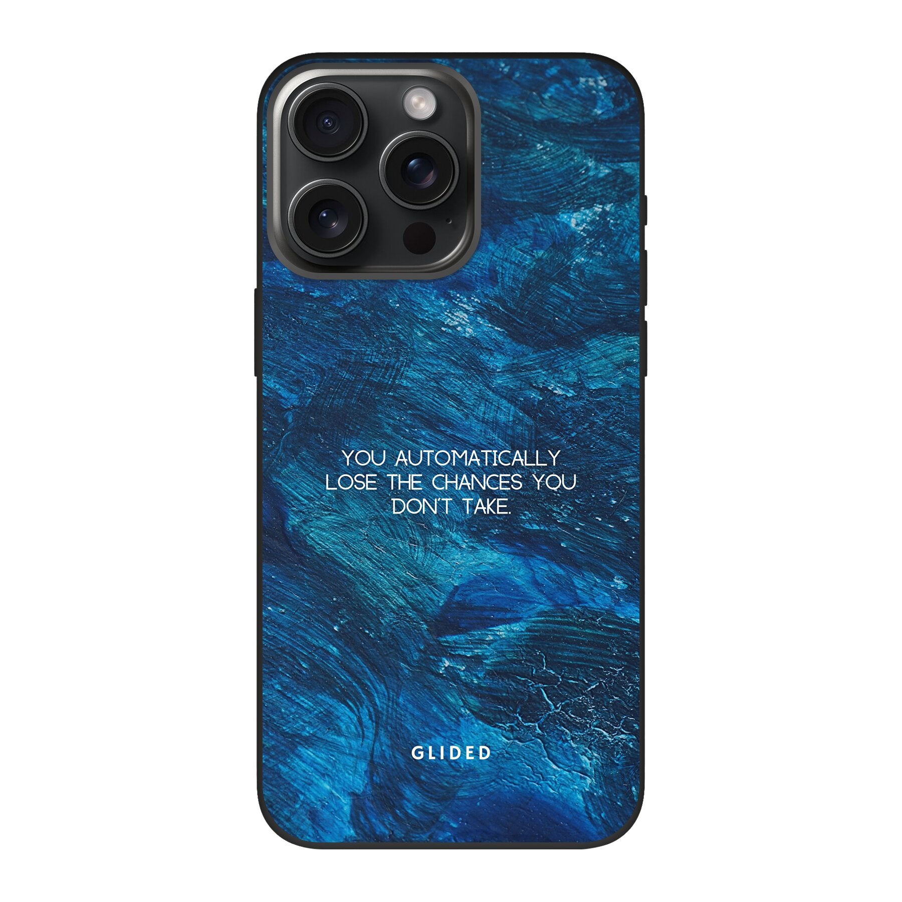 Chances iPhone 15 Pro Handyhülle mit inspirierendem Spruch auf dunkelblauem Hintergrund, bietet Schutz und Motivation.