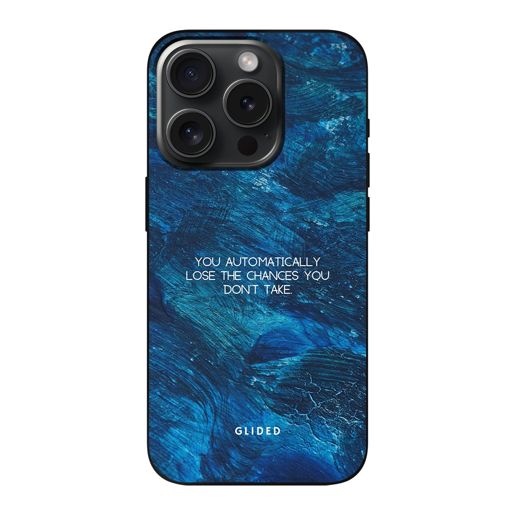 Chances iPhone 15 Pro Handyhülle mit inspirierendem Spruch auf dunkelblauem Hintergrund, bietet Schutz und Motivation.