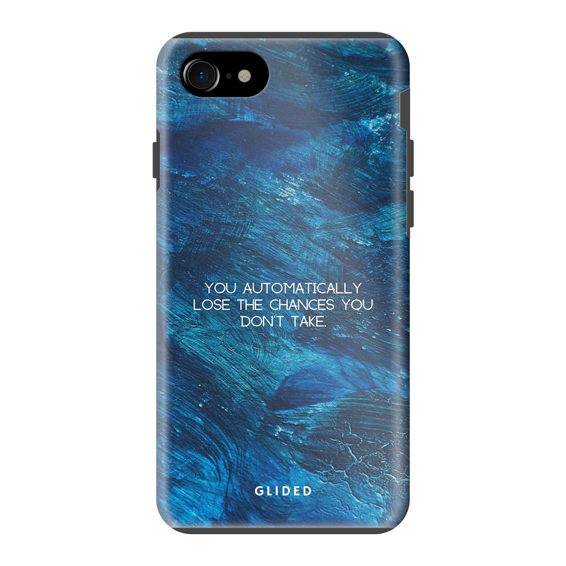 Chances Handyhülle für iPhone SE 2020 mit inspirierendem Spruch auf dunkelblauem Hintergrund, bietet Schutz und Stil.