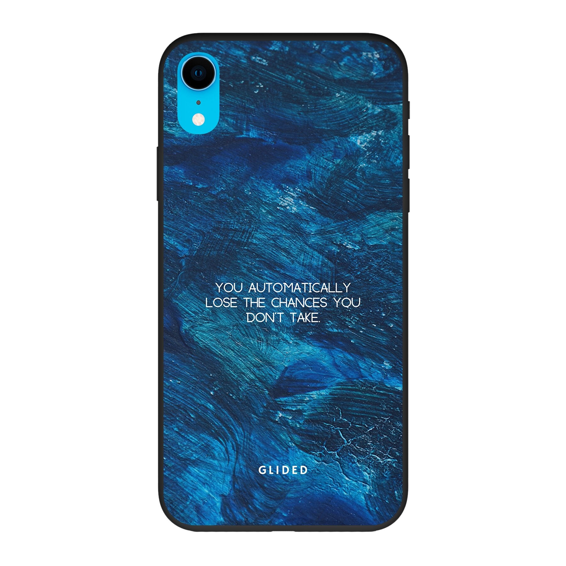 Chances iPhone XR Handyhülle mit inspirierendem Spruch auf dunkelblauem Hintergrund, bietet Schutz und Motivation.