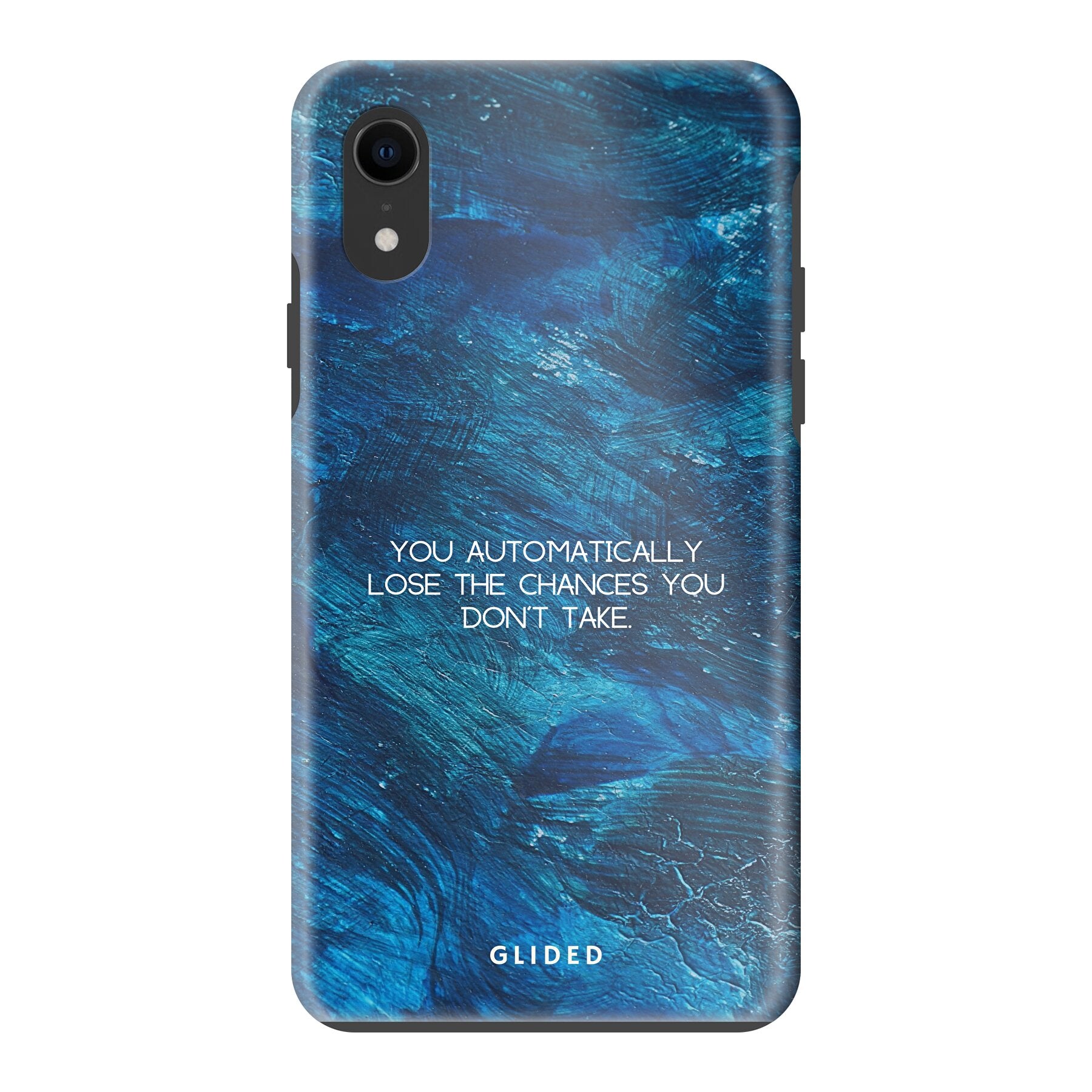 Chances iPhone XR Handyhülle mit inspirierendem Spruch auf dunkelblauem Hintergrund, bietet Schutz und Motivation.