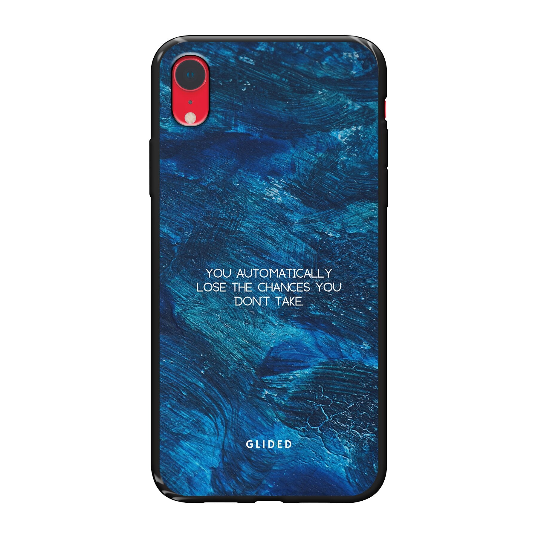 Chances iPhone XR Handyhülle mit inspirierendem Spruch auf dunkelblauem Hintergrund, bietet Schutz und Motivation.