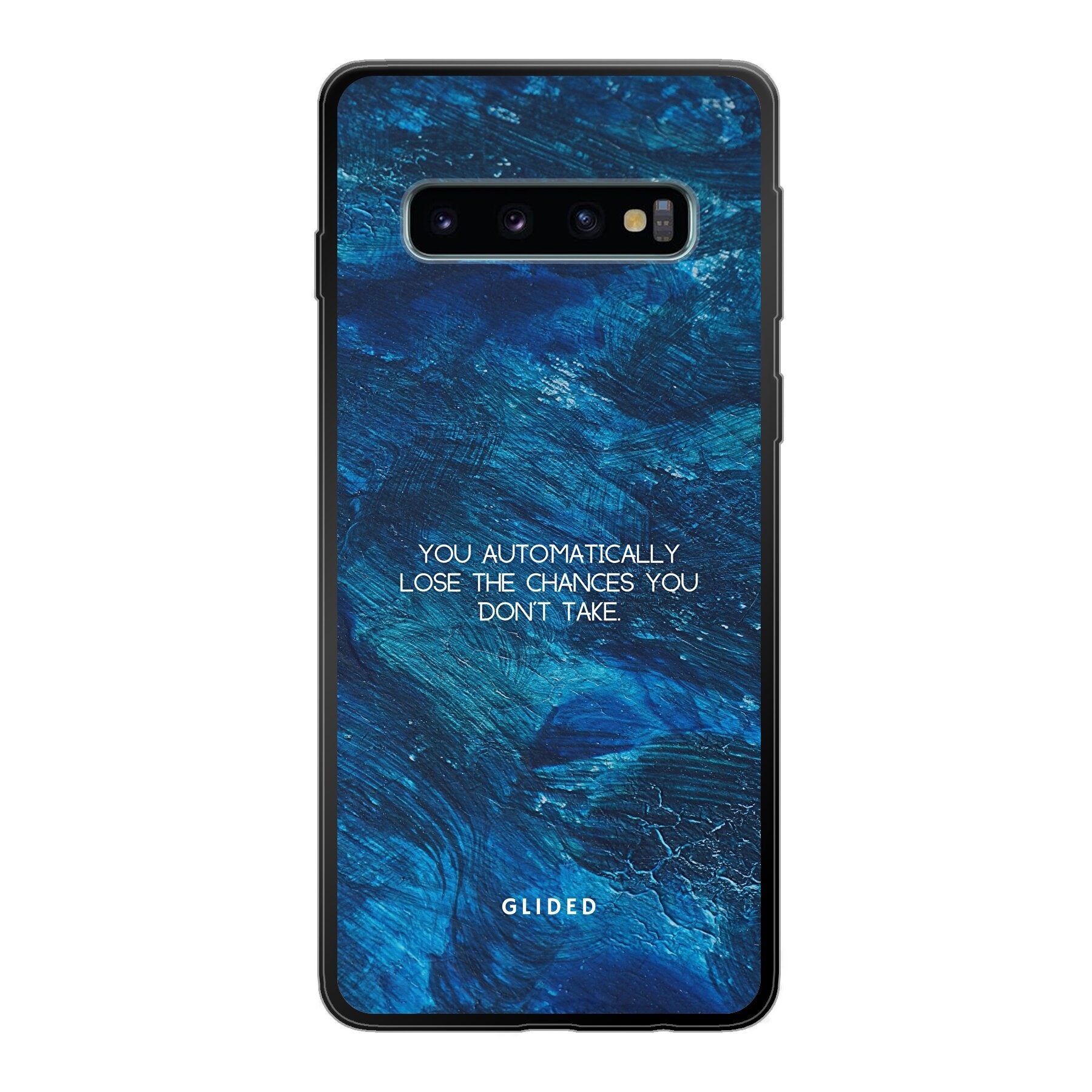 Chances Handyhülle für Samsung Galaxy S10 mit inspirierendem Spruch auf dunkelblauem Hintergrund, bietet Schutz und Stil.