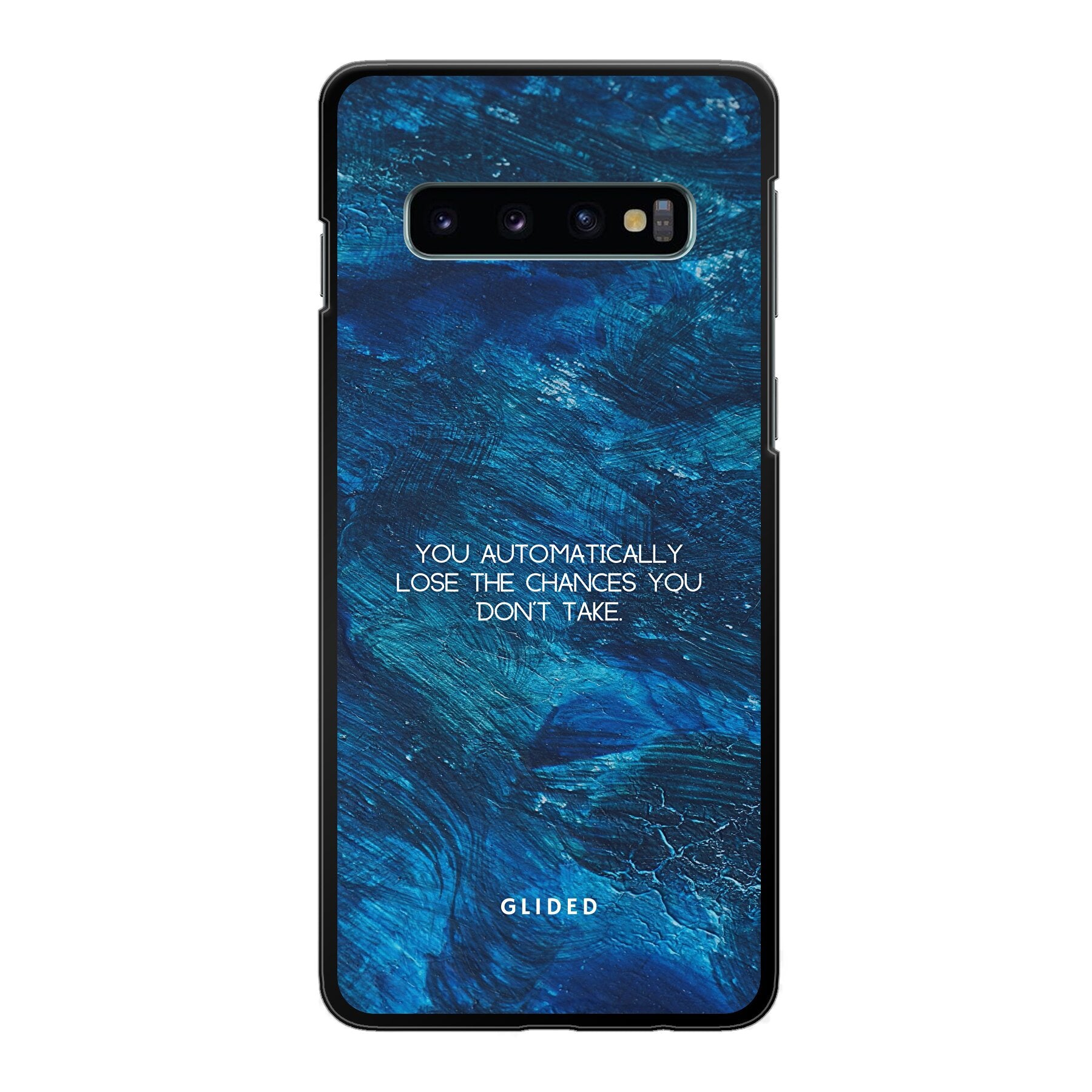 Chances Handyhülle für Samsung Galaxy S10 mit inspirierendem Spruch auf dunkelblauem Hintergrund, bietet Schutz und Stil.