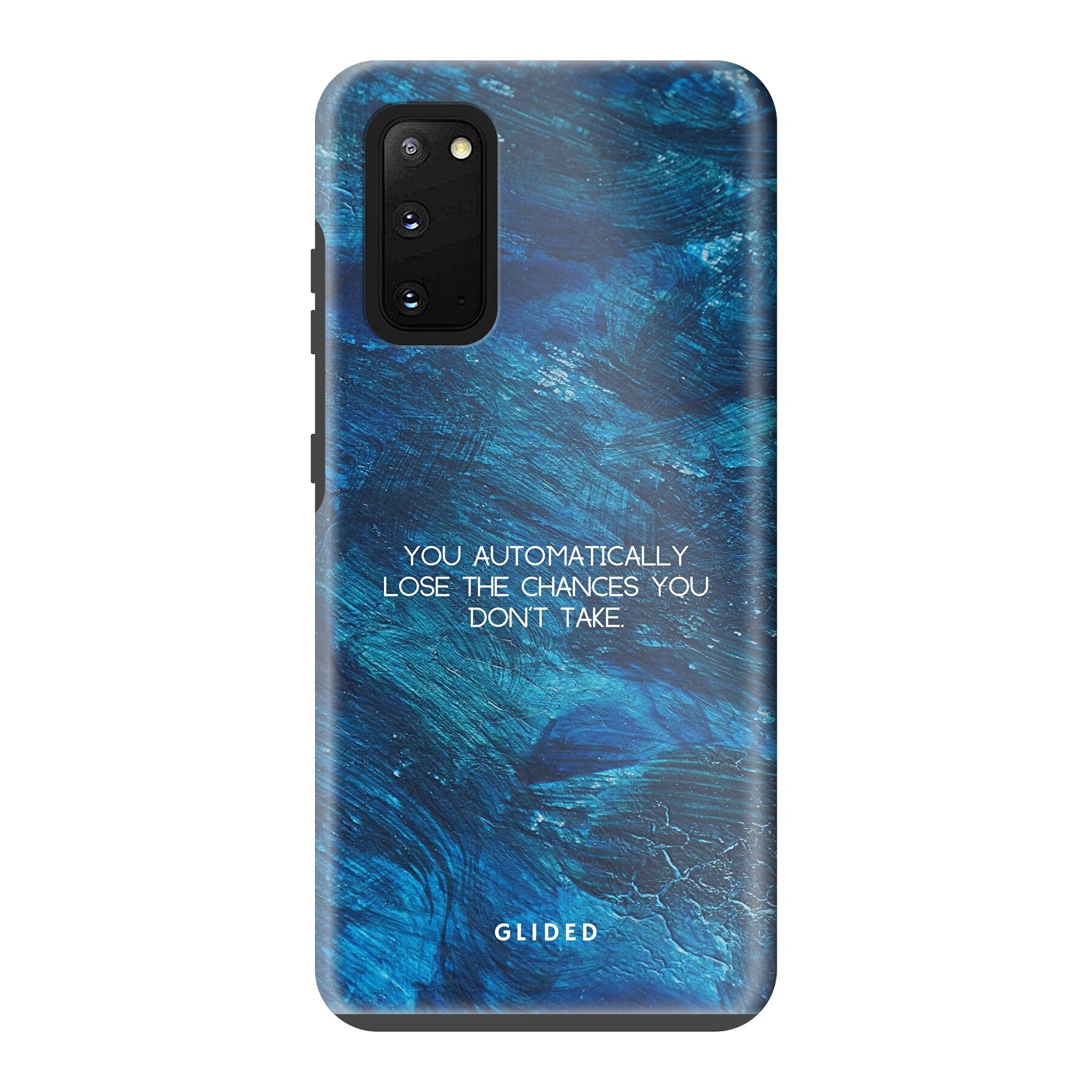 Samsung Galaxy S20 Handyhülle 'Chances' mit inspirierendem Spruch auf dunkelblauem Hintergrund, bietet Schutz und Stil.