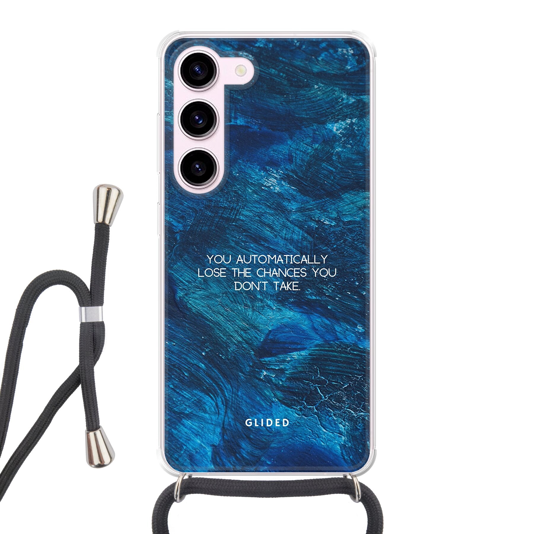 Samsung Galaxy S23 Handyhülle 'Chances' mit inspirierendem Spruch auf dunkelblauem Hintergrund, bietet Schutz und Stil.