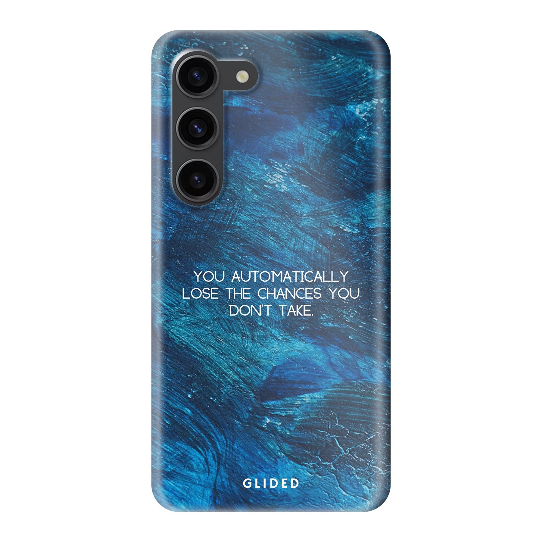 Samsung Galaxy S23 Handyhülle 'Chances' mit inspirierendem Spruch auf dunkelblauem Hintergrund, bietet Schutz und Stil.