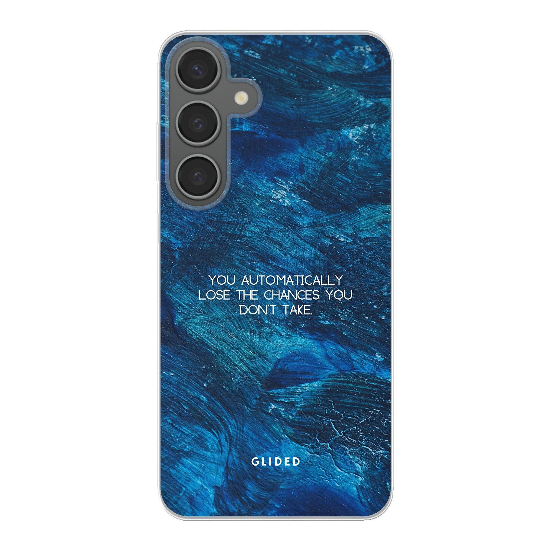 Samsung Galaxy S24 Plus Handyhülle 'Chances' mit inspirierendem Spruch auf dunkelblauem Hintergrund, bietet Schutz und Stil.