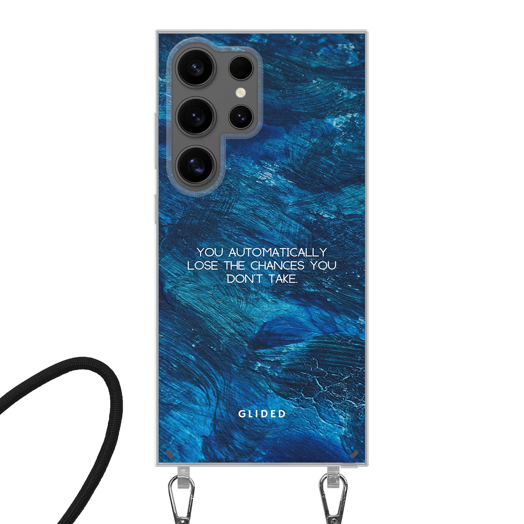 Samsung Galaxy S24 Ultra Handyhülle 'Chances' mit inspirierendem Spruch auf dunkelblauem Hintergrund, bietet Schutz und Stil.