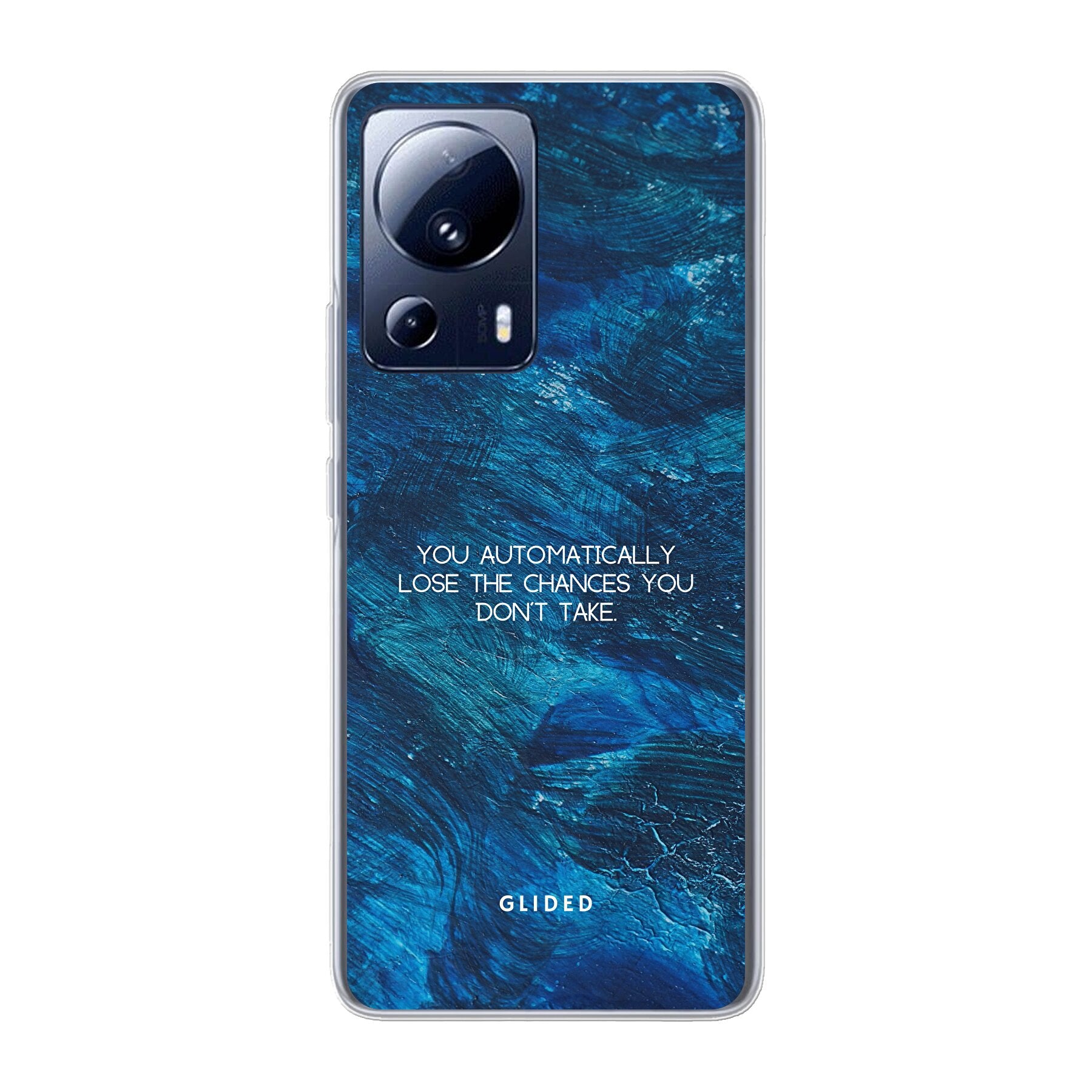 Chances Handyhülle für Xiaomi 13 Lite mit inspirierendem Spruch auf dunkelblauem Hintergrund, bietet Schutz und Stil.