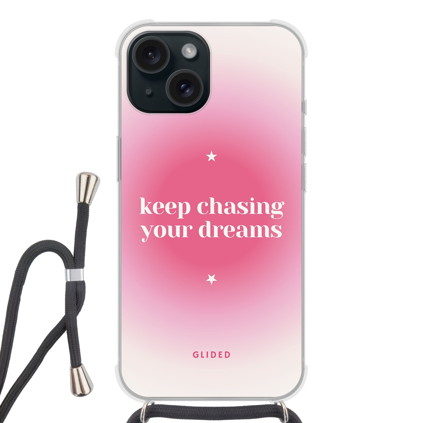 Chasing Dreams Handyhülle für iPhone 15 mit inspirierender Botschaft und schlankem Design, idealer Schutz und Zugang zu Funktionen.
