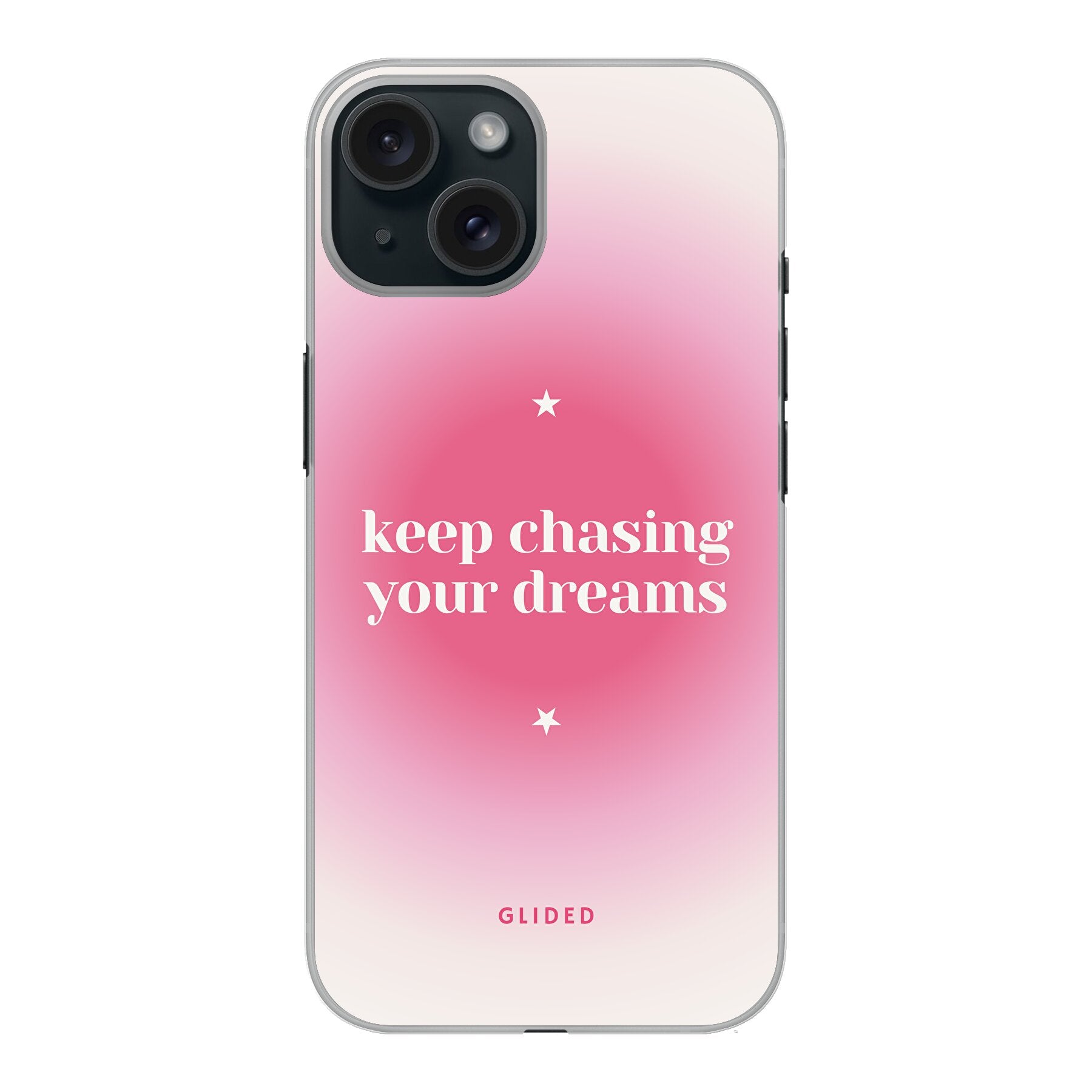 Chasing Dreams Handyhülle für iPhone 15 mit inspirierender Botschaft und schlankem Design, idealer Schutz und Zugang zu Funktionen.