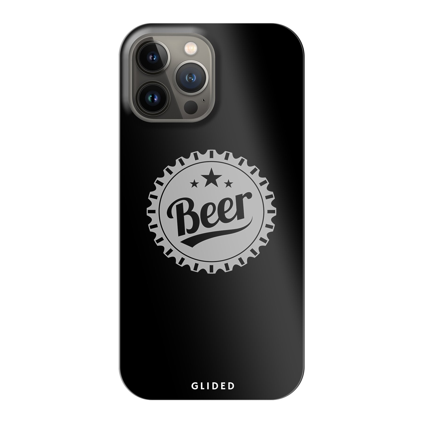 Cheers iPhone 13 Pro Max Handyhülle mit Bierdeckel-Design und dem Wort 'Beer' für stilvollen Schutz und Geselligkeit.