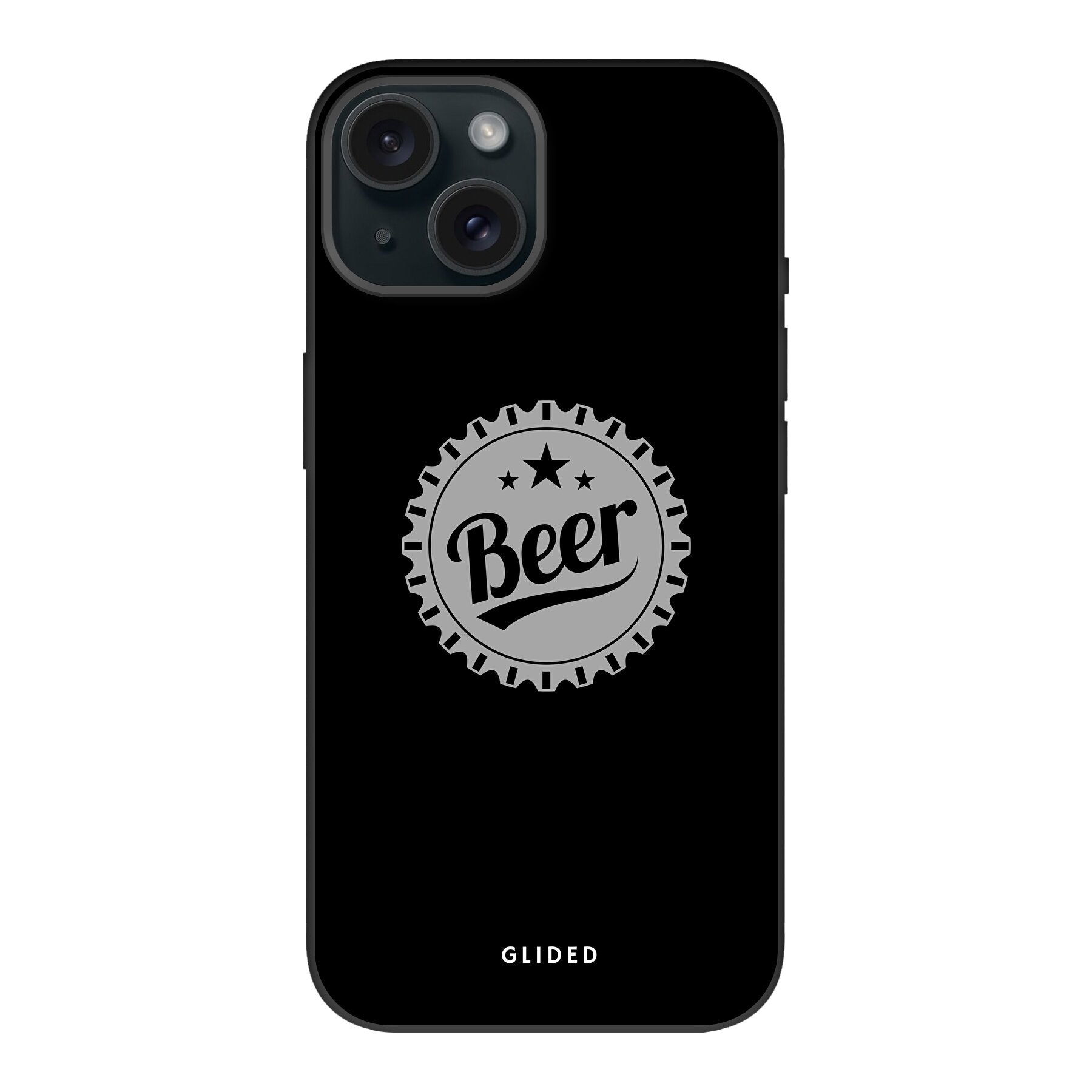 Cheers iPhone 15 Handyhülle mit Bierdeckel-Design, das das Wort 'Beer' zeigt, ideal für gesellige Anlässe.