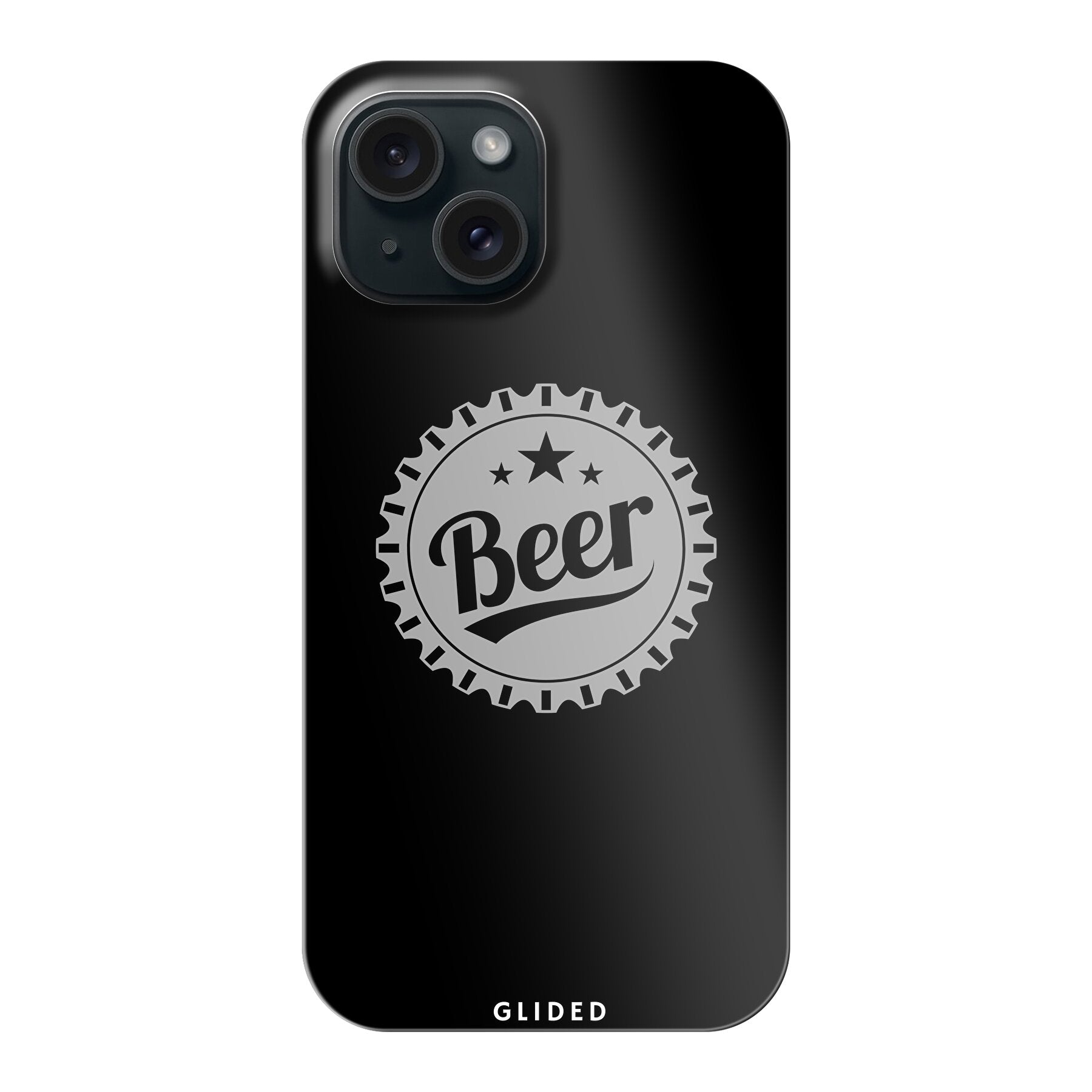 Cheers iPhone 15 Handyhülle mit Bierdeckel-Design, das das Wort 'Beer' zeigt, ideal für gesellige Anlässe.