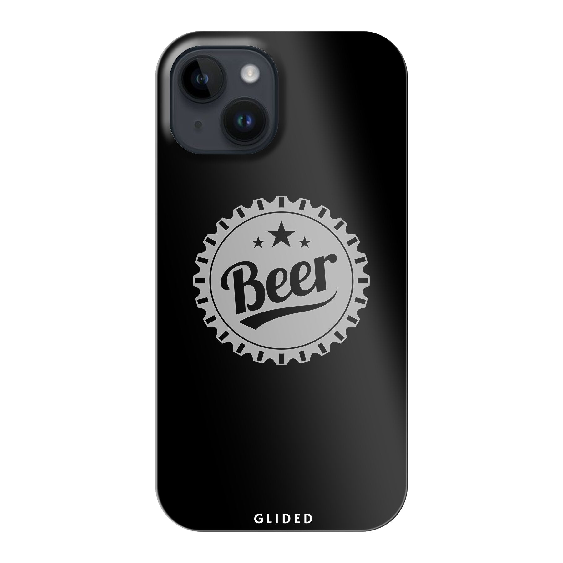 Cheers iPhone 15 Handyhülle mit Bierdeckel-Design, das das Wort 'Beer' zeigt, ideal für gesellige Anlässe.