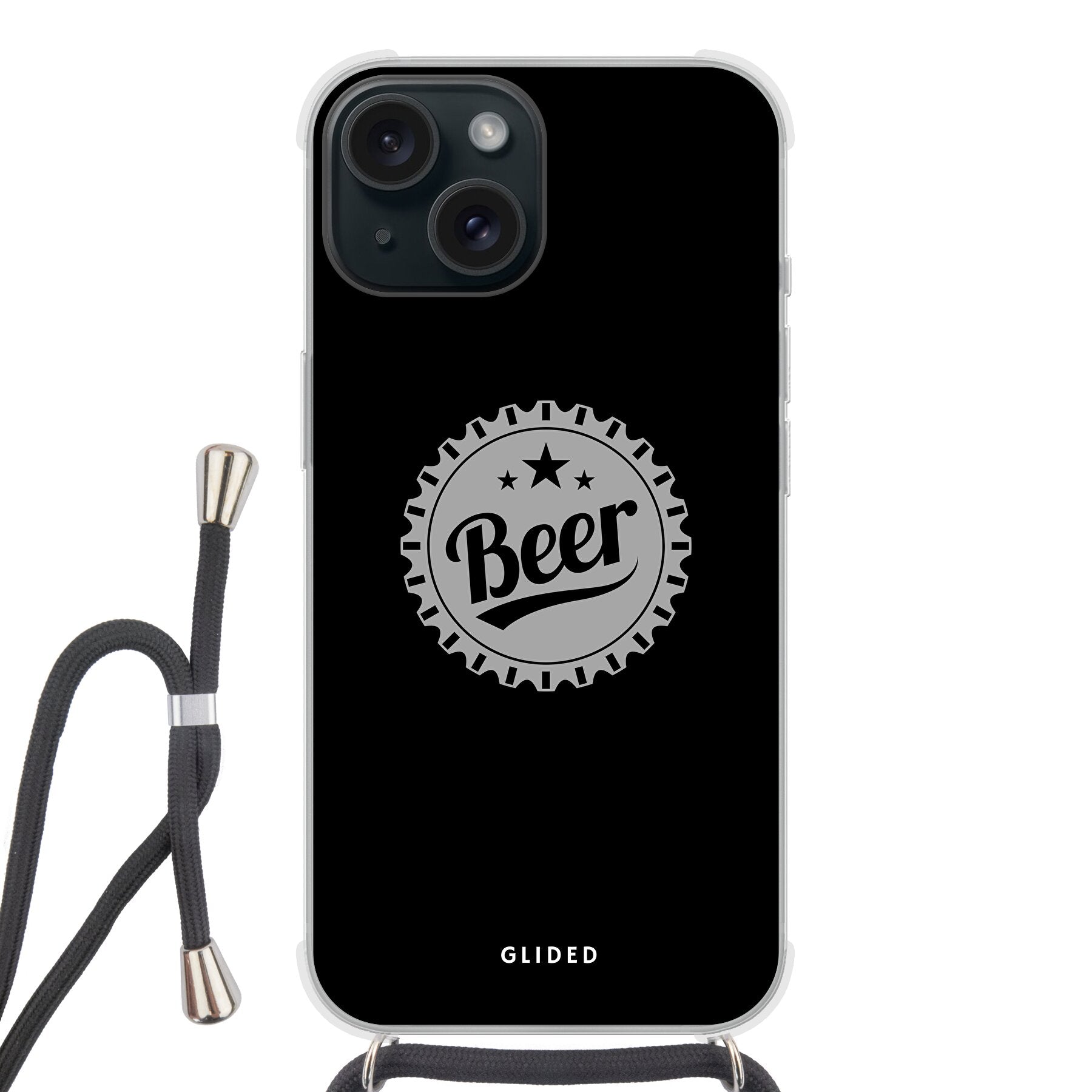 Cheers iPhone 15 Handyhülle mit Bierdeckel-Design, das das Wort 'Beer' zeigt, ideal für gesellige Anlässe.