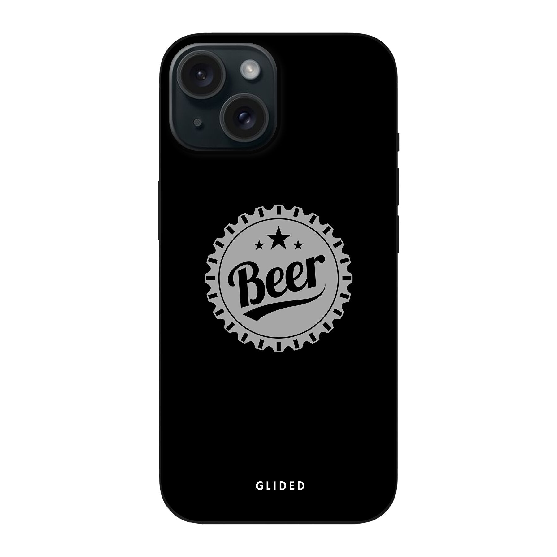 Cheers iPhone 15 Handyhülle mit Bierdeckel-Design, das das Wort 'Beer' zeigt, ideal für gesellige Anlässe.