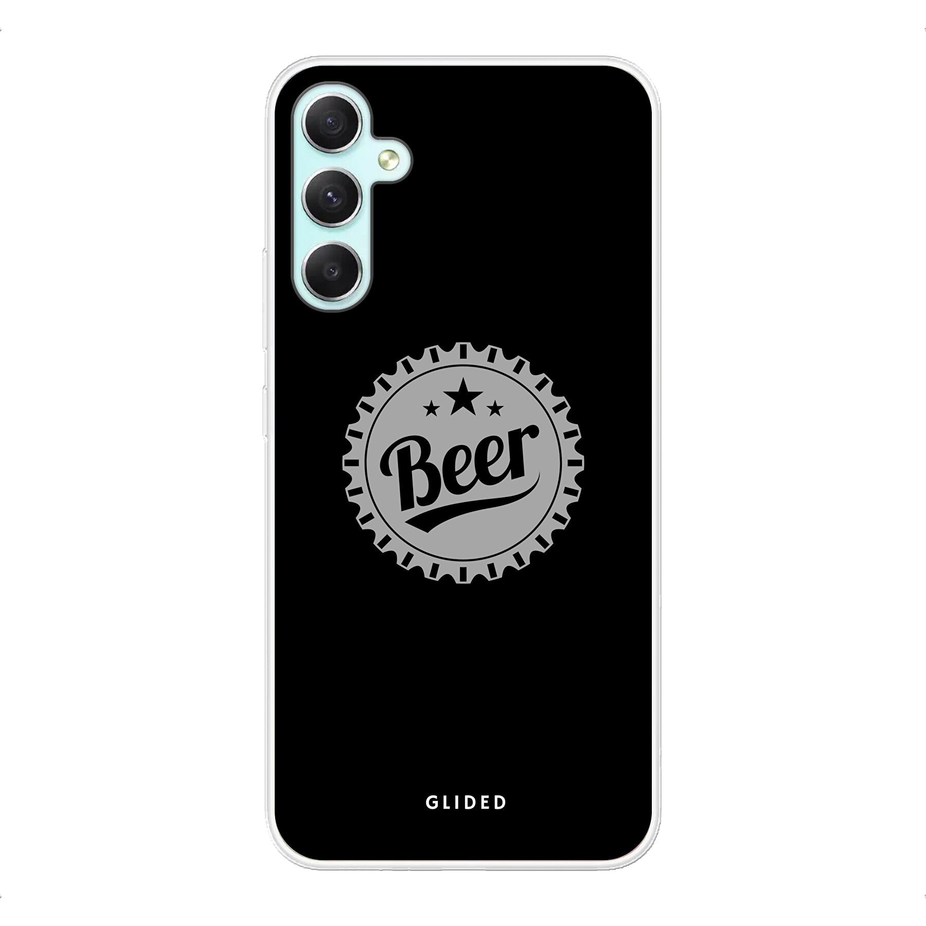 Samsung Galaxy A34 Handyhülle mit Bierdeckel-Design und dem Wort 'Beer', ideal für gesellige Anlässe.