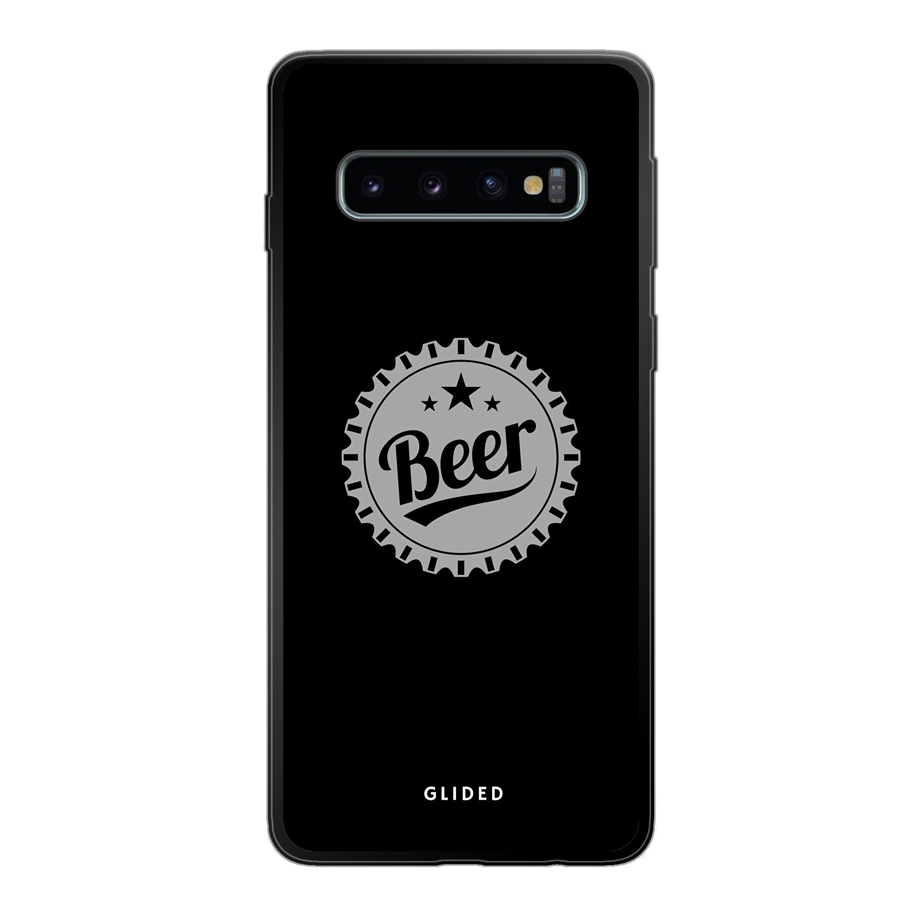 Samsung Galaxy S10 Handyhülle mit Bierdeckel-Design und dem Wort 'Beer', ideal für gesellige Anlässe.