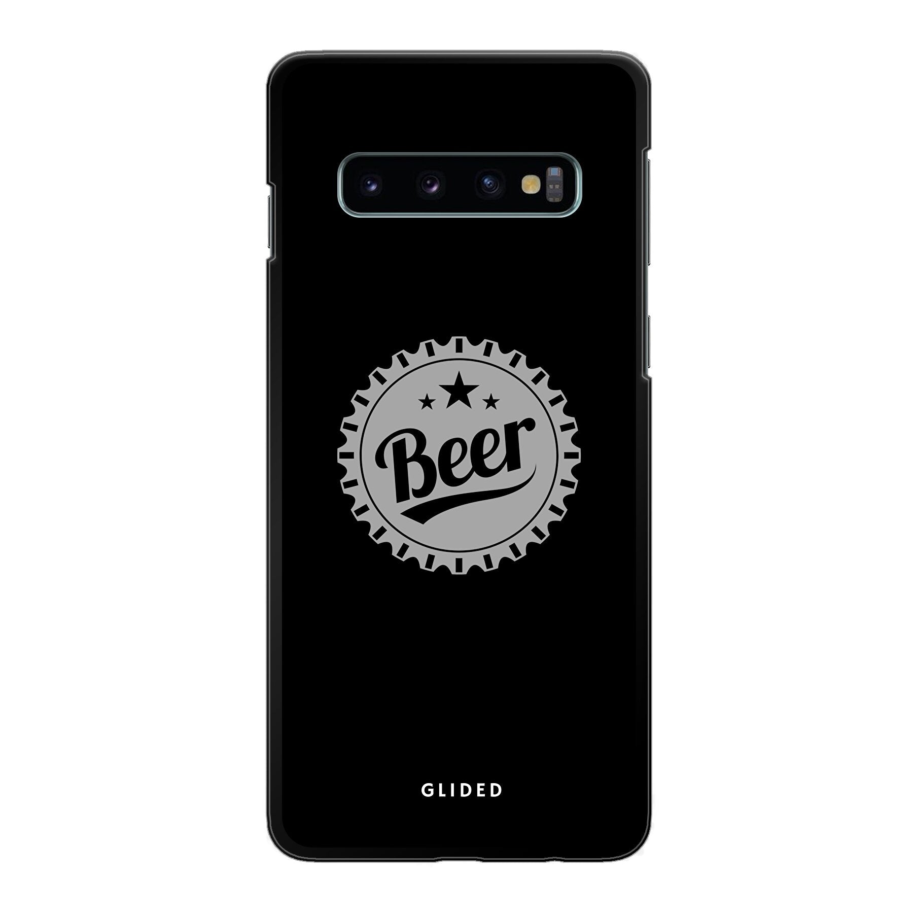 Samsung Galaxy S10 Handyhülle mit Bierdeckel-Design und dem Wort 'Beer', ideal für gesellige Anlässe.