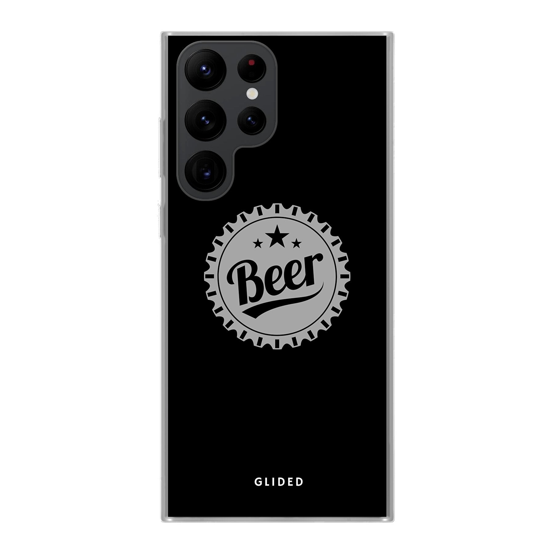 Samsung Galaxy S22 Ultra Handyhülle mit Bierdeckel-Design und dem Wort 'Beer', ideal für gesellige Anlässe.