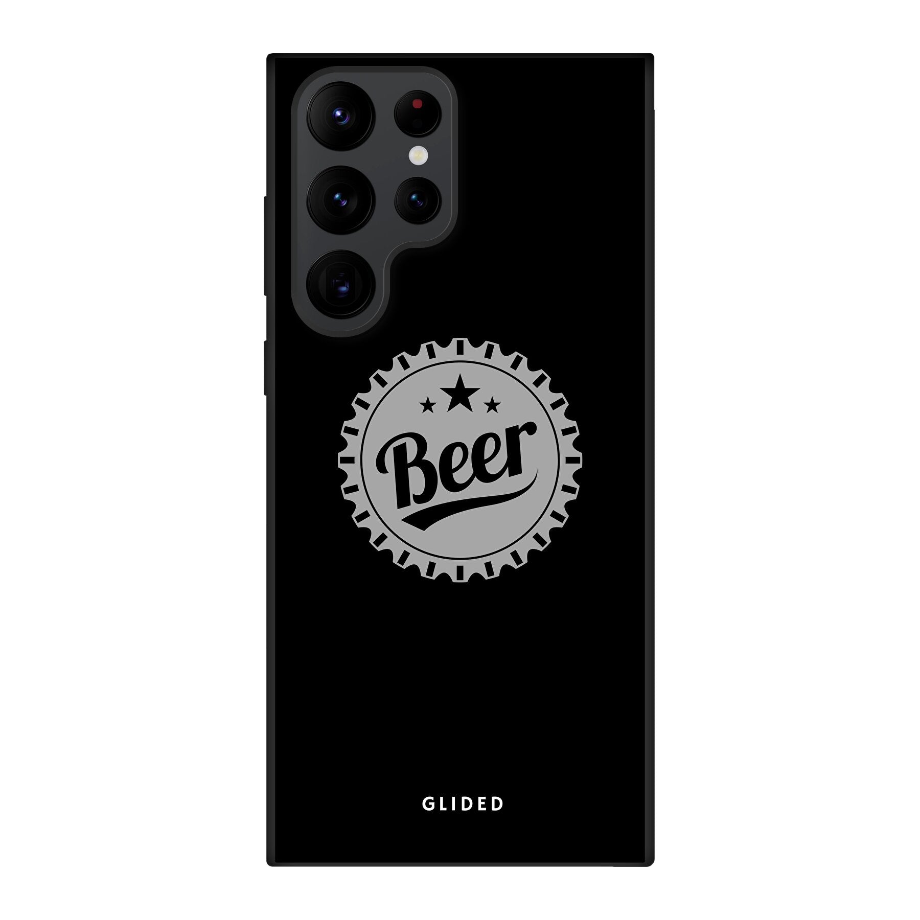 Samsung Galaxy S22 Ultra Handyhülle mit Bierdeckel-Design und dem Wort 'Beer', ideal für gesellige Anlässe.