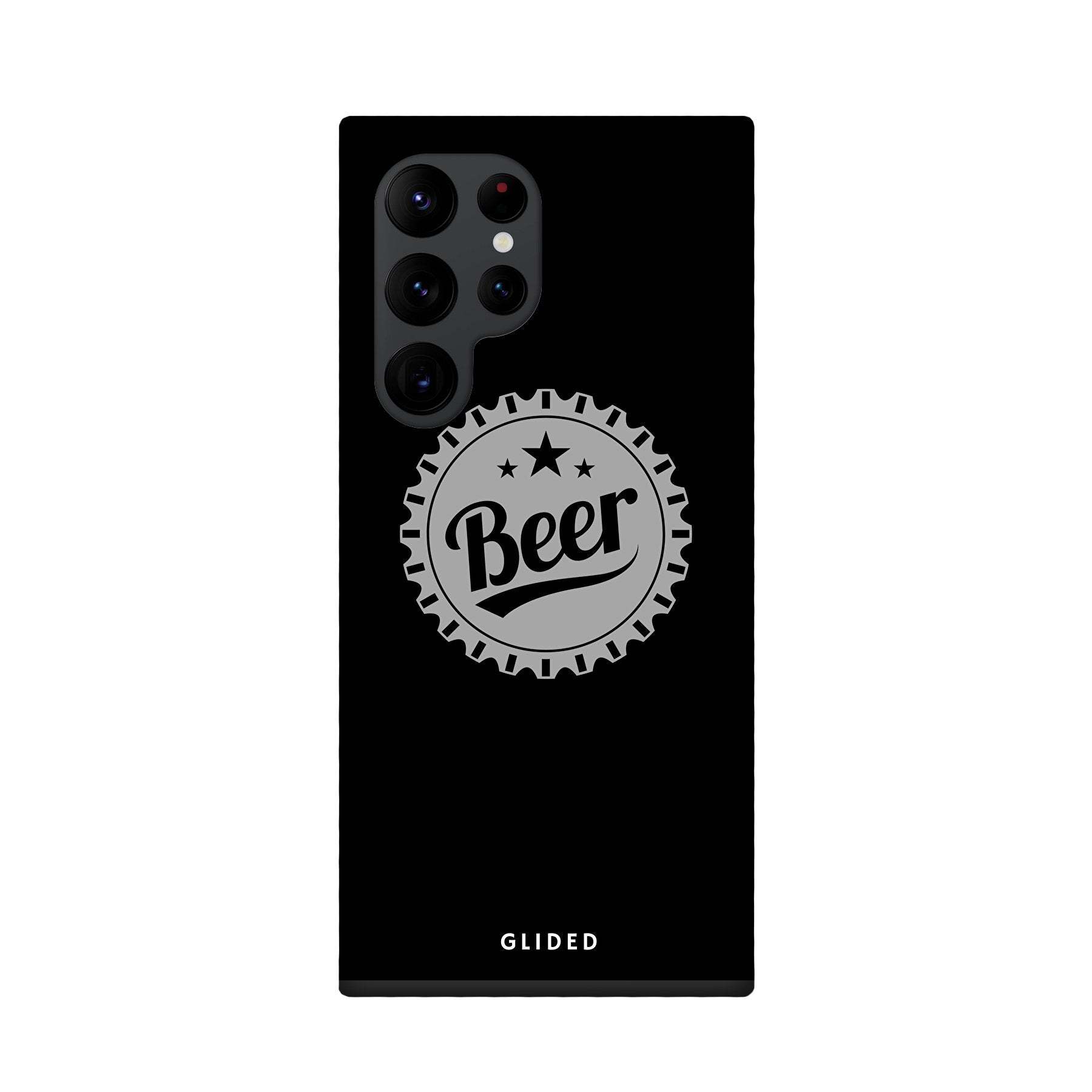 Samsung Galaxy S22 Ultra Handyhülle mit Bierdeckel-Design und dem Wort 'Beer', ideal für gesellige Anlässe.