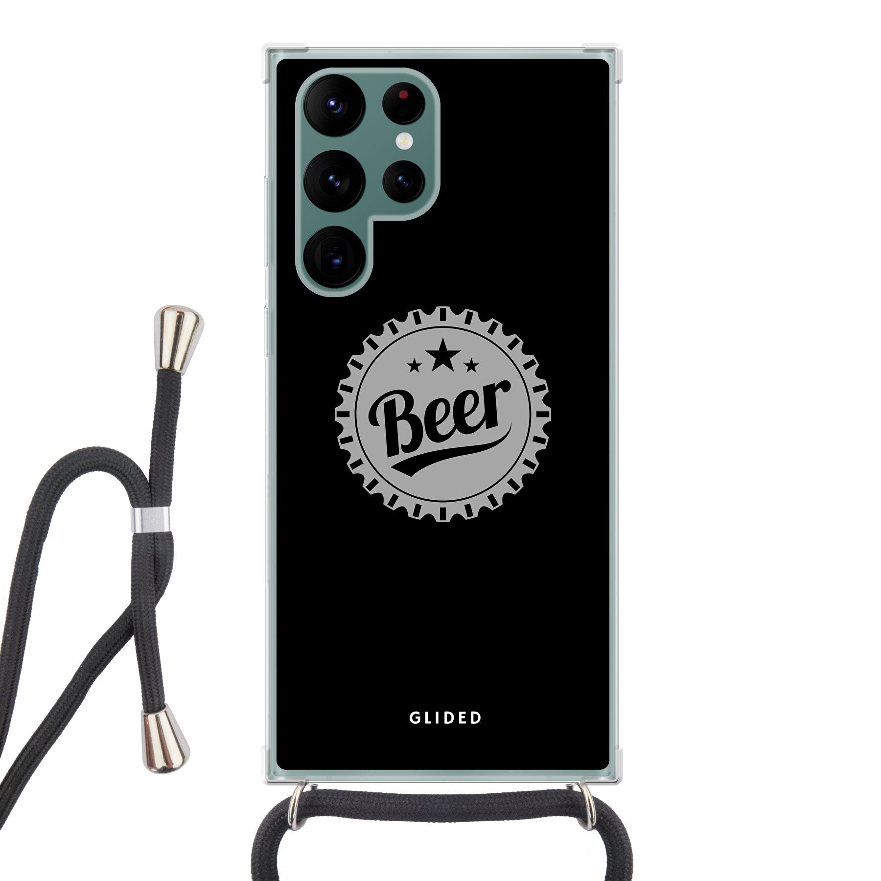 Samsung Galaxy S22 Ultra Handyhülle mit Bierdeckel-Design und dem Wort 'Beer', ideal für gesellige Anlässe.
