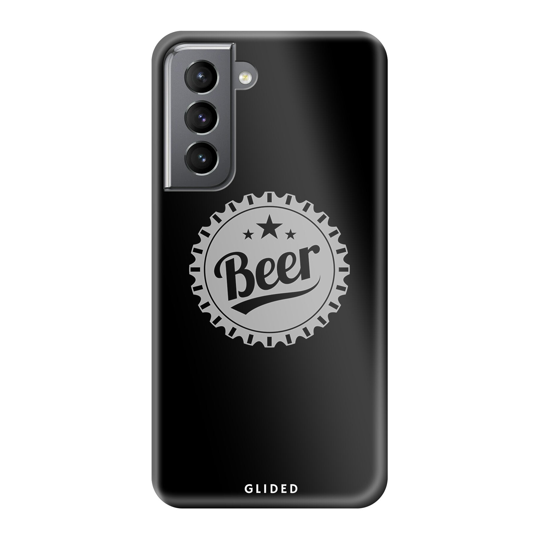 Cheers Handyhülle für Samsung Galaxy S21 5G mit Bierdeckel-Design und dem Wort 'Beer' in auffälliger Schrift.
