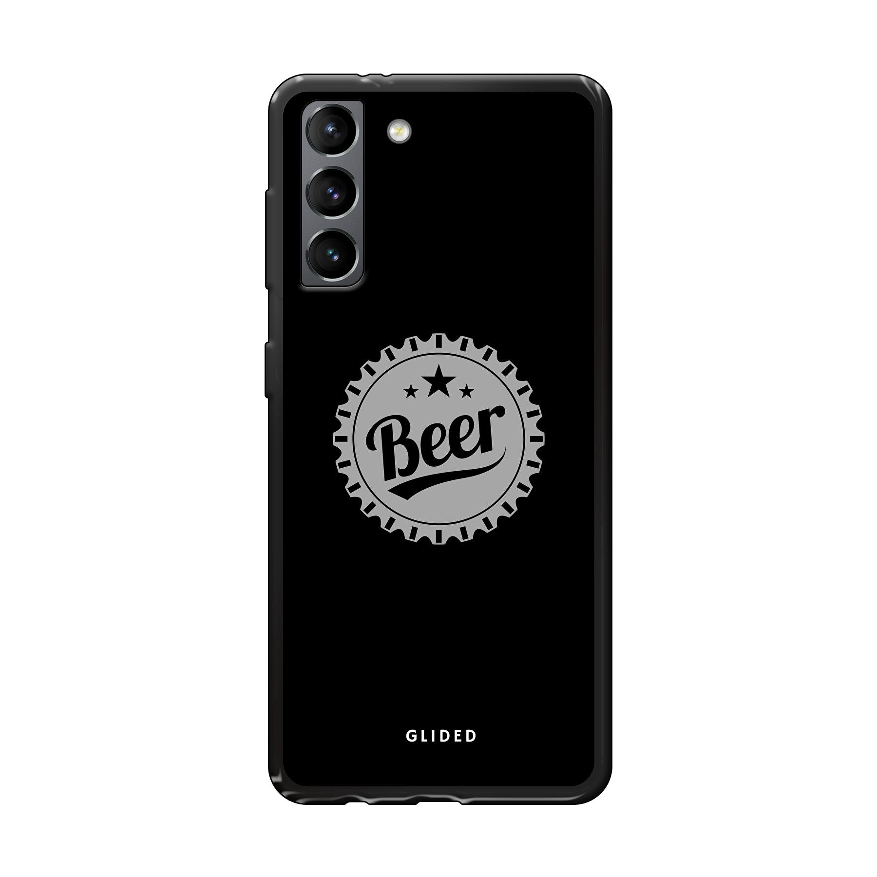 Cheers Handyhülle für Samsung Galaxy S21 5G mit Bierdeckel-Design und dem Wort 'Beer' in auffälliger Schrift.
