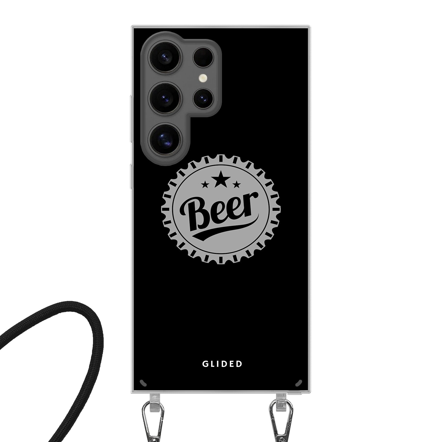 Cheers Handyhülle für Samsung Galaxy S24 Ultra mit Bierdeckel-Design und dem Wort 'Beer' in stilvoller Darstellung.