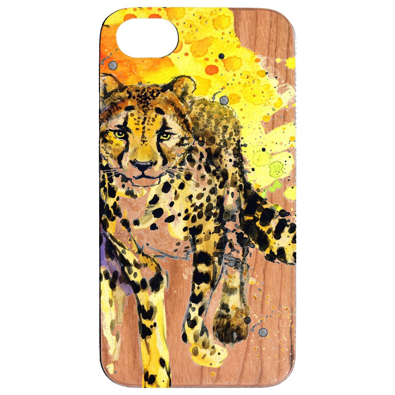 Cheetah UV Color Printed phone case showcasing vibrant designs and natural wood texture.