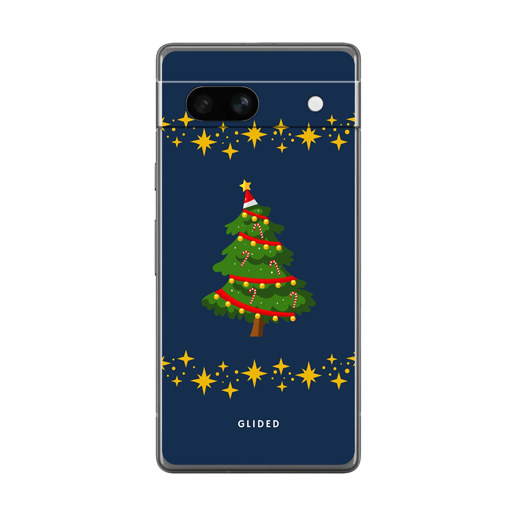Festliche Weihnachtsbaum Google Pixel 7a Handyhülle mit glitzerndem Schnee und rutschfesten Elementen für optimalen Schutz.