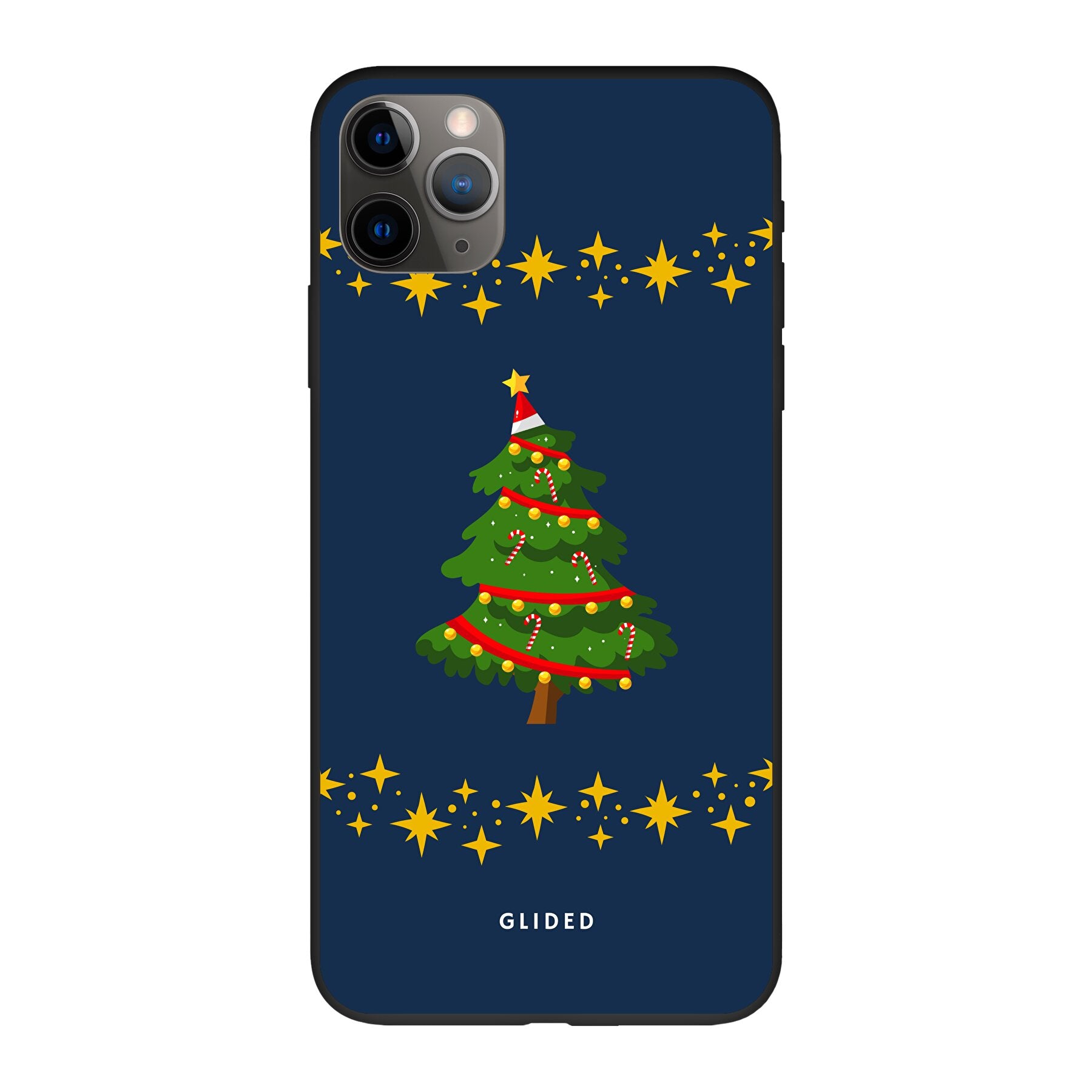 Weihnachtsbaum iPhone 11 Pro Max Handyhülle mit glitzerndem Schnee und festlichem Design, ideal für die Winterzeit.