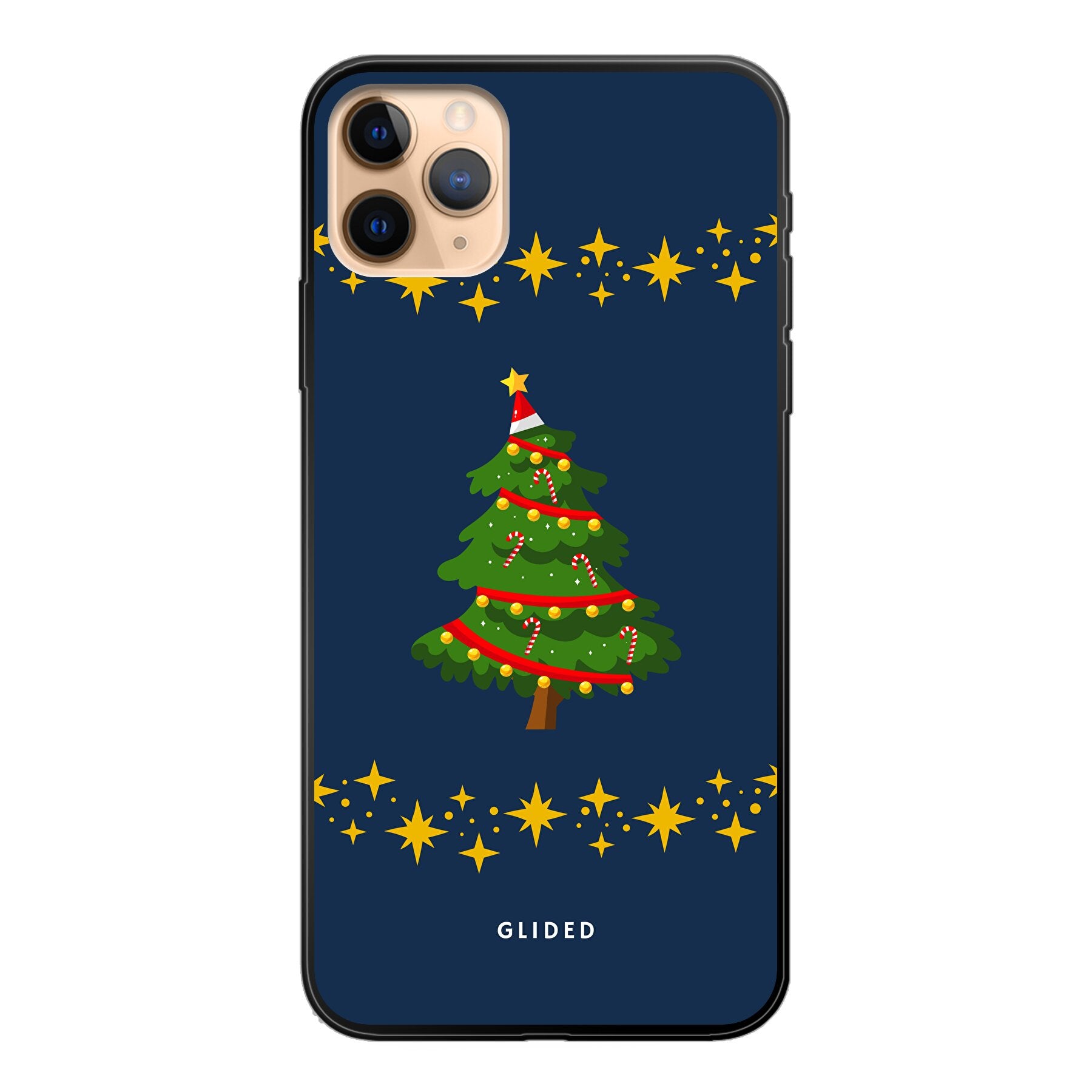 Weihnachtsbaum iPhone 11 Pro Max Handyhülle mit glitzerndem Schnee und festlichem Design, ideal für die Winterzeit.