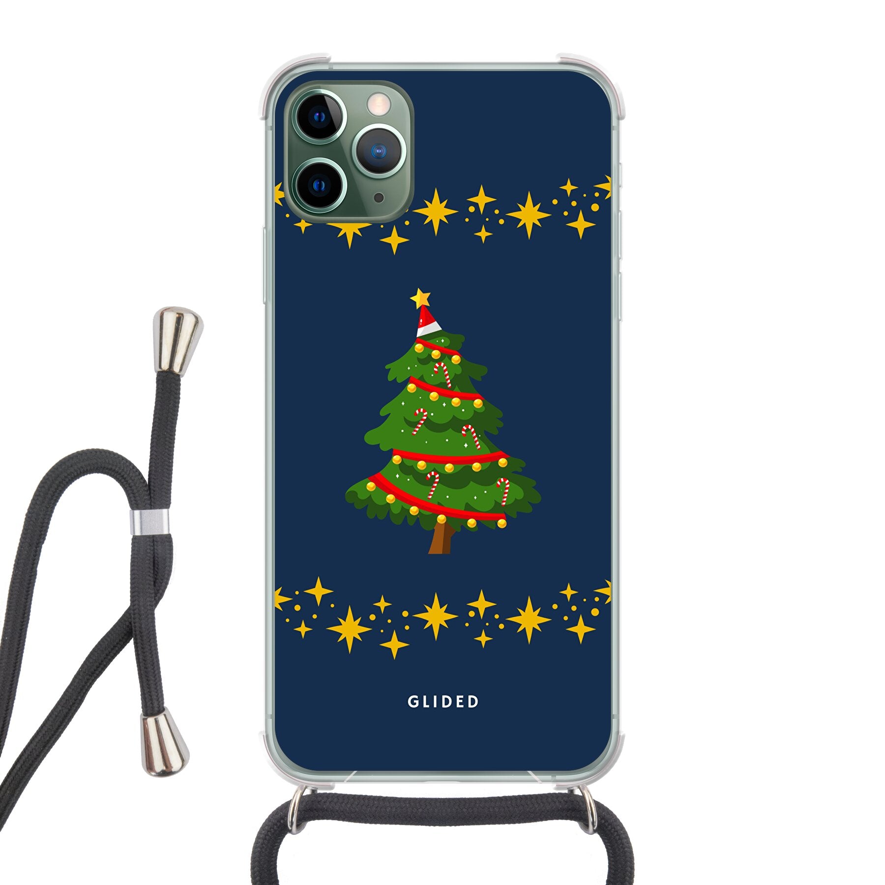 Weihnachtsbaum iPhone 11 Pro Max Handyhülle mit glitzerndem Schnee und festlichem Design, ideal für die Winterzeit.