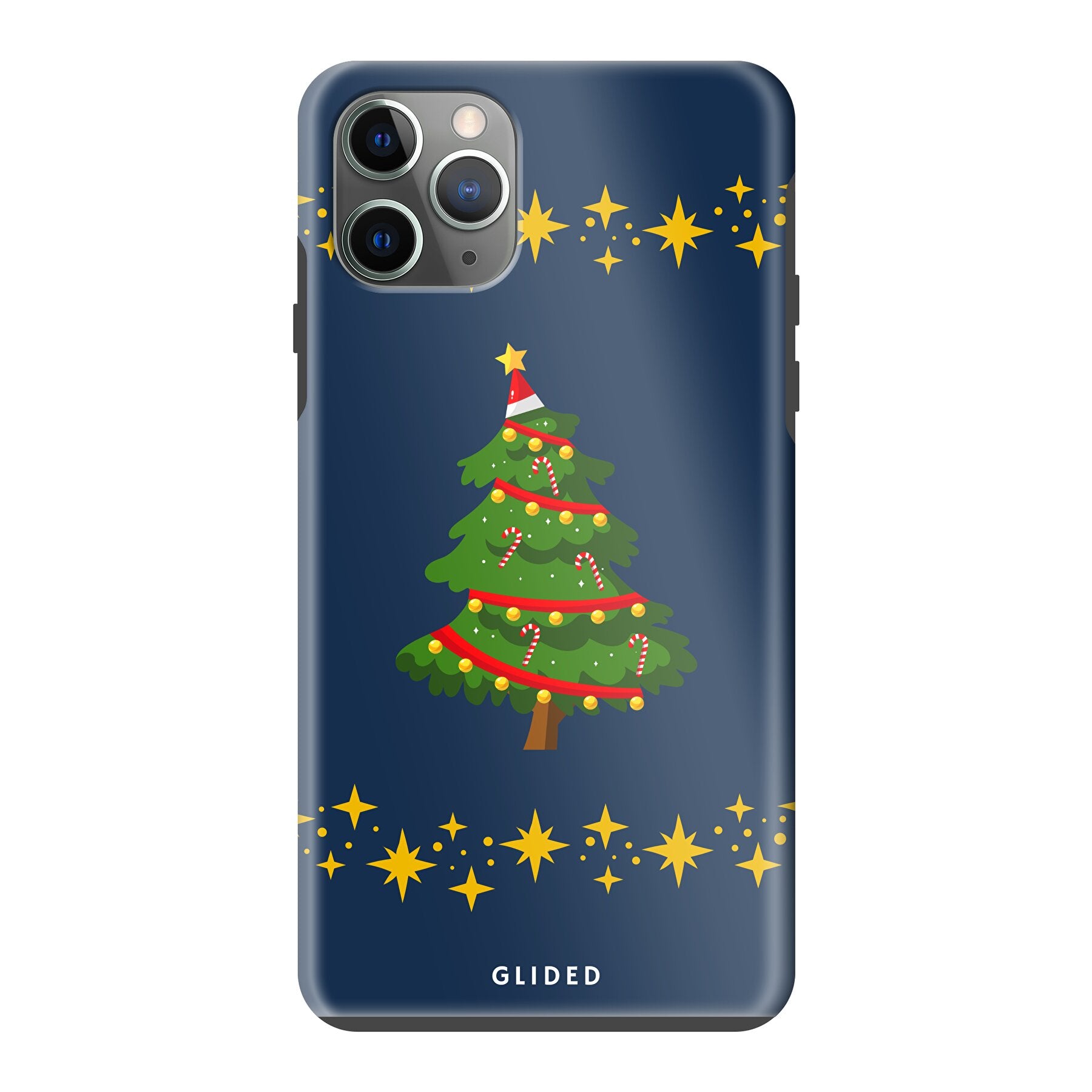 Weihnachtsbaum iPhone 11 Pro Max Handyhülle mit glitzerndem Schnee und festlichem Design, ideal für die Winterzeit.