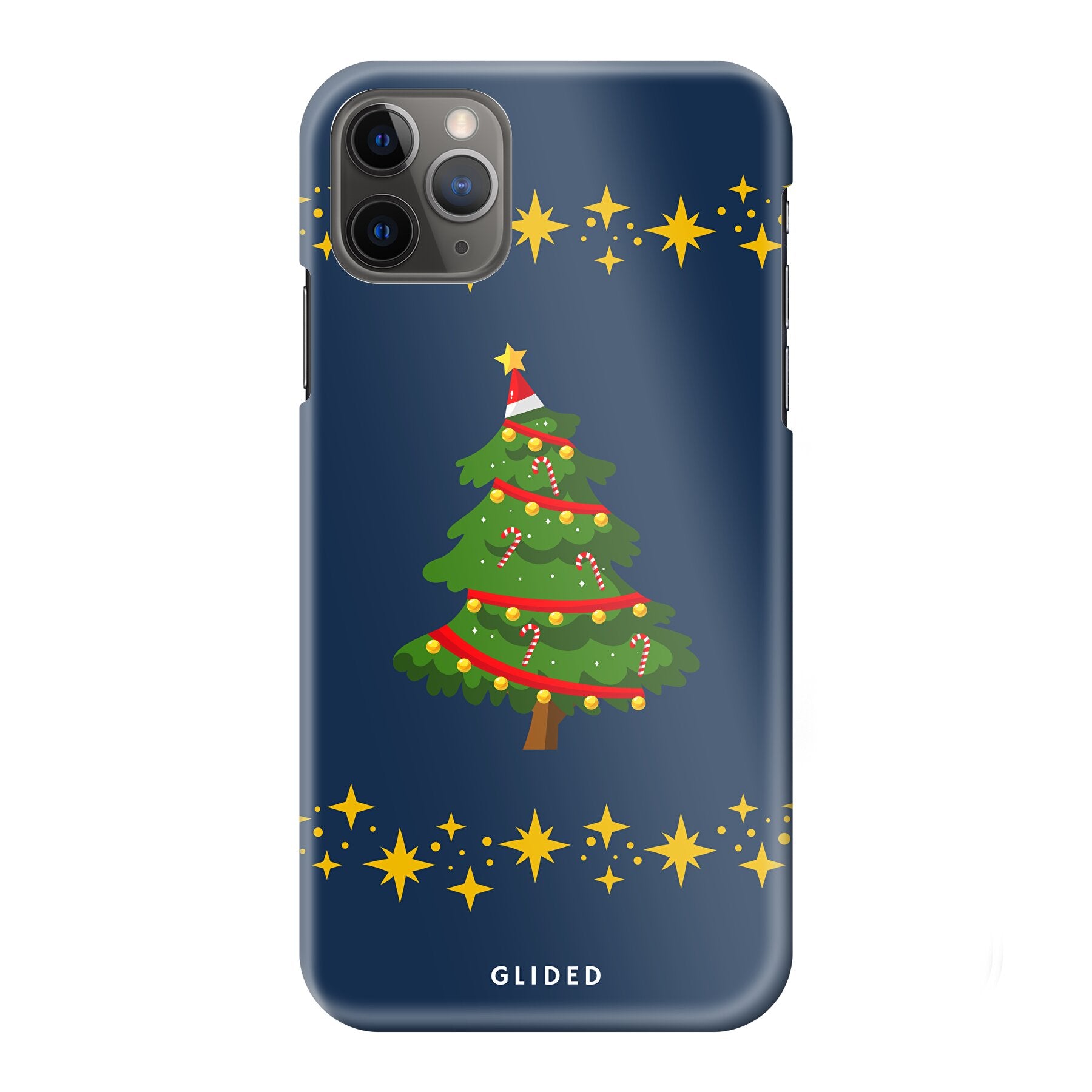 Weihnachtsbaum iPhone 11 Pro Max Handyhülle mit glitzerndem Schnee und festlichem Design, ideal für die Winterzeit.