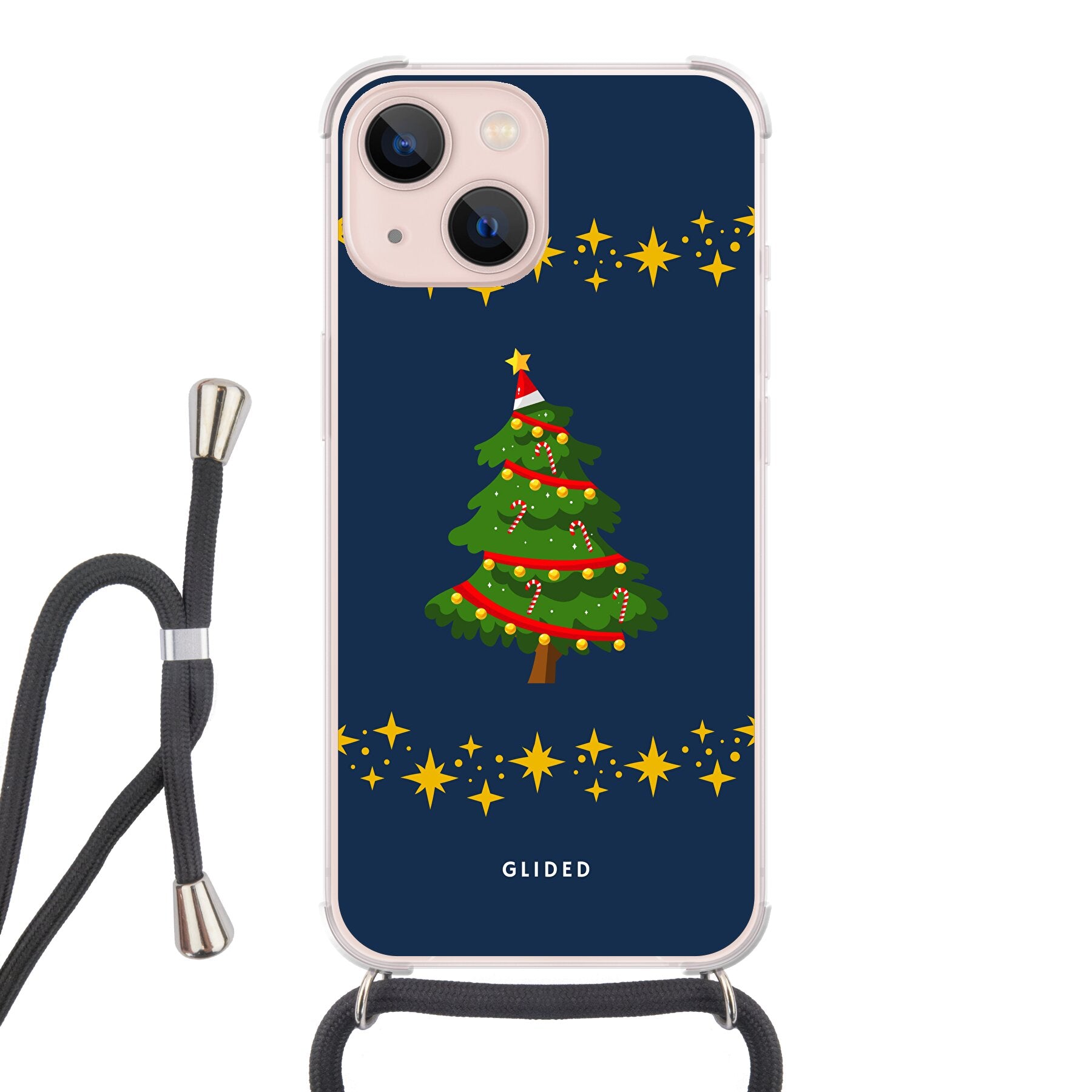 Festliche Weihnachtsbaum iPhone 13 Handyhülle mit glitzerndem Schnee und rutschfesten Elementen, ideal für den Winter.