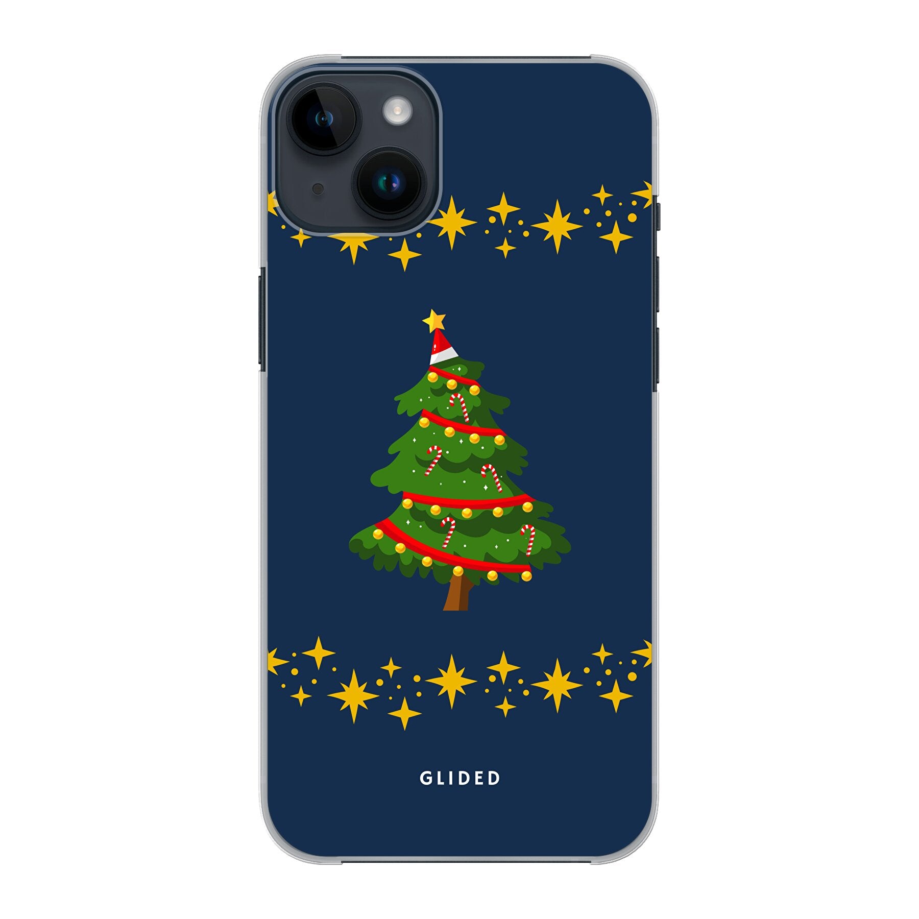 Weihnachtsbaum iPhone 14 Plus Handyhülle mit glitzerndem Schnee und festlichem Design.