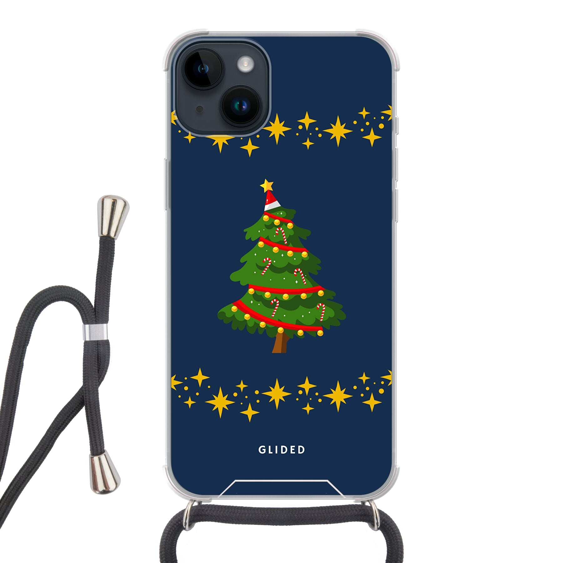 Weihnachtsbaum iPhone 14 Plus Handyhülle mit glitzerndem Schnee und festlichem Design.