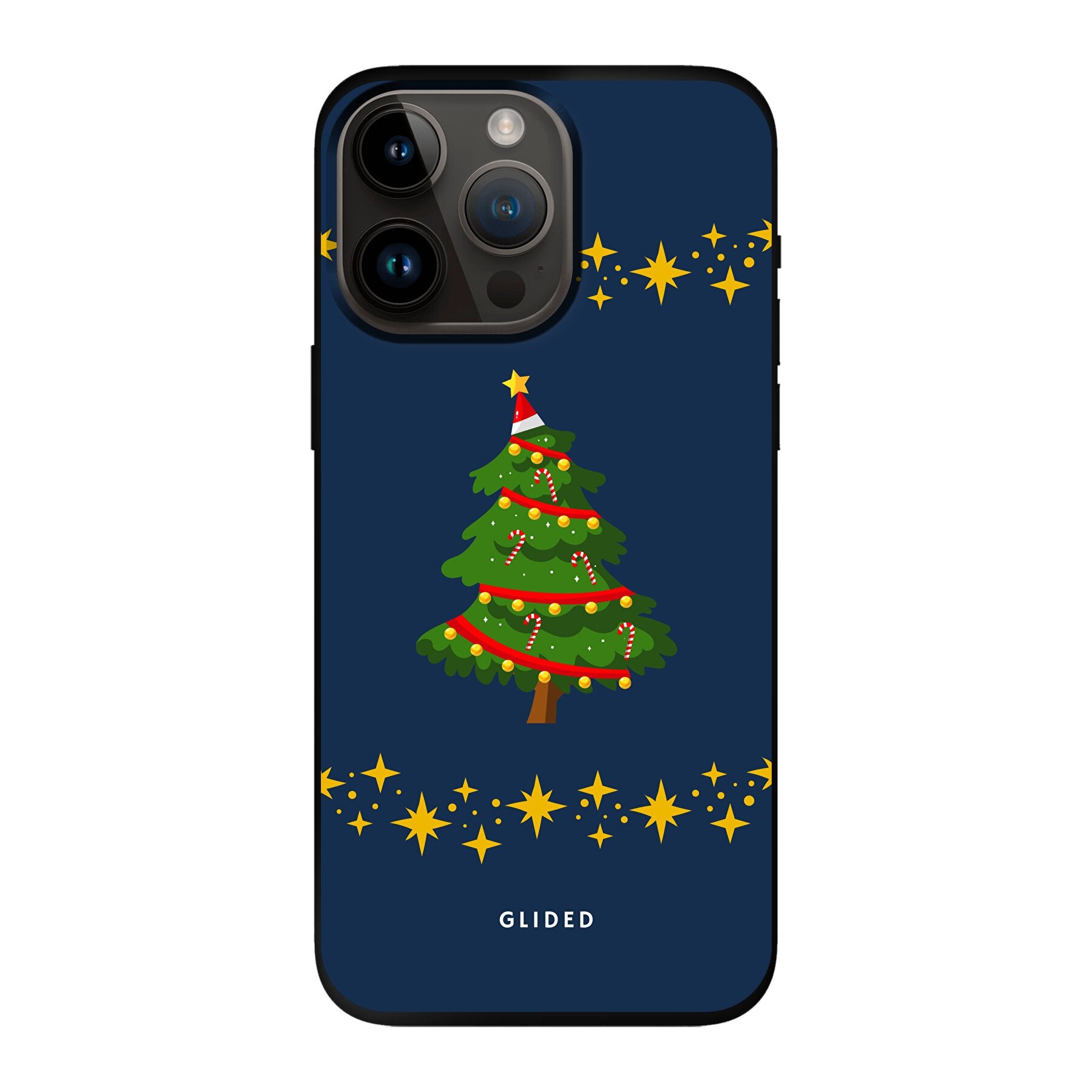 Weihnachtsbaum iPhone 14 Pro Max Handyhülle mit glitzerndem Schnee und festlichem Design.