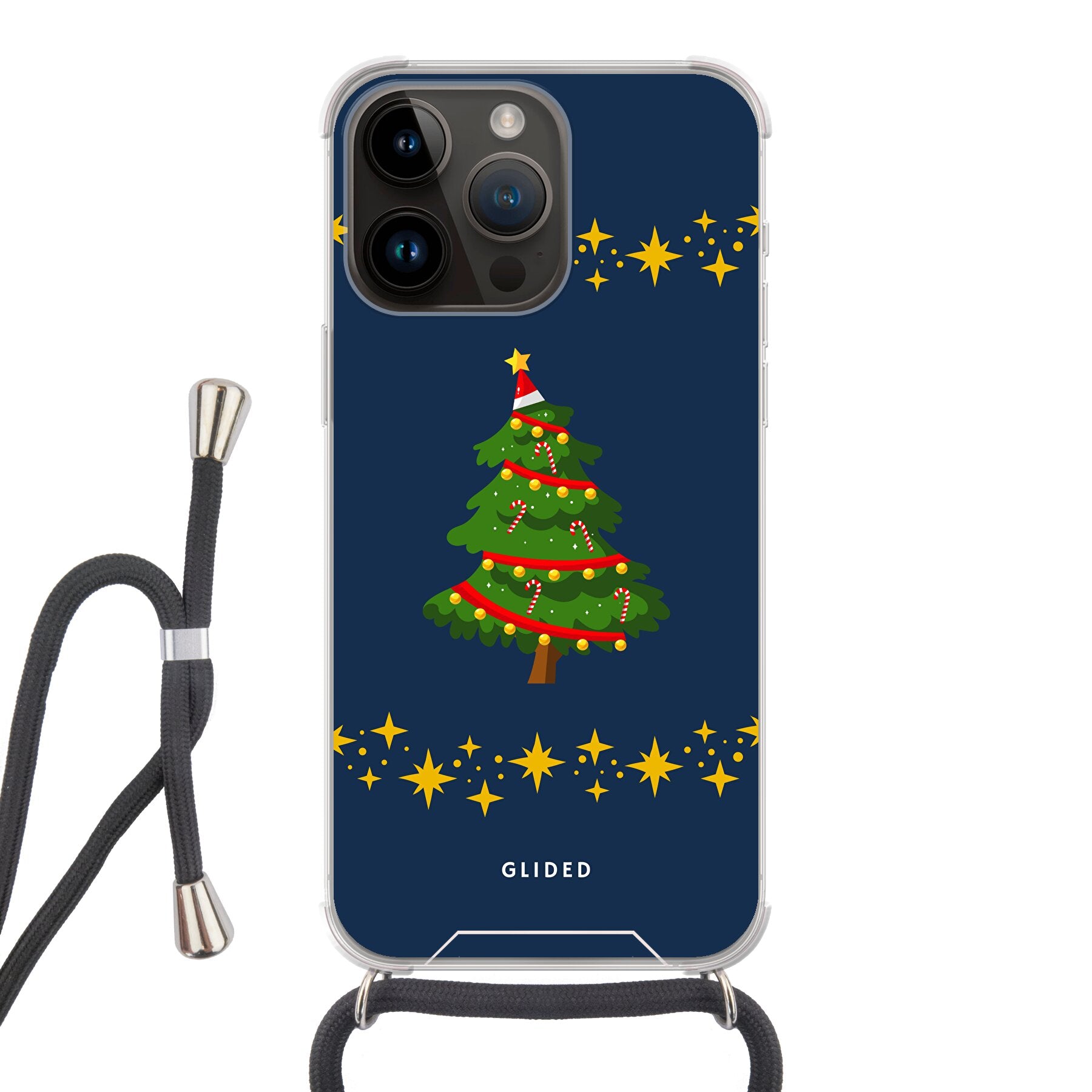 Weihnachtsbaum iPhone 14 Pro Max Handyhülle mit glitzerndem Schnee und festlichem Design.