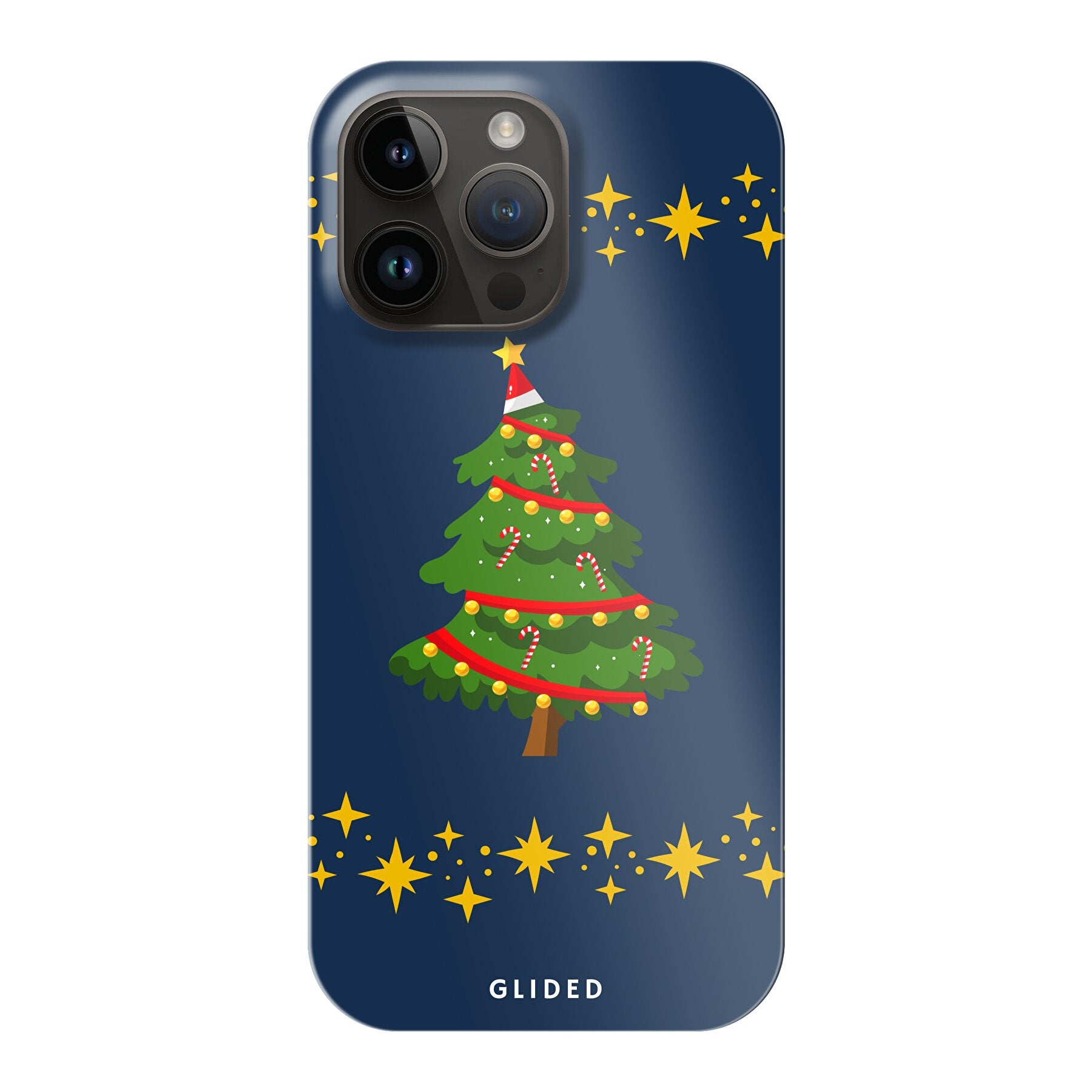 Weihnachtsbaum iPhone 14 Pro Max Handyhülle mit glitzerndem Schnee und festlichem Design.