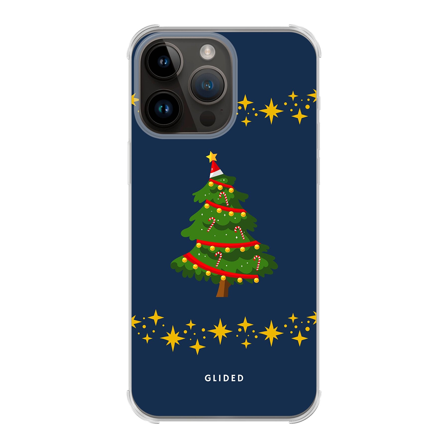 Weihnachtsbaum iPhone 14 Pro Max Handyhülle mit glitzerndem Schnee und festlichem Design.