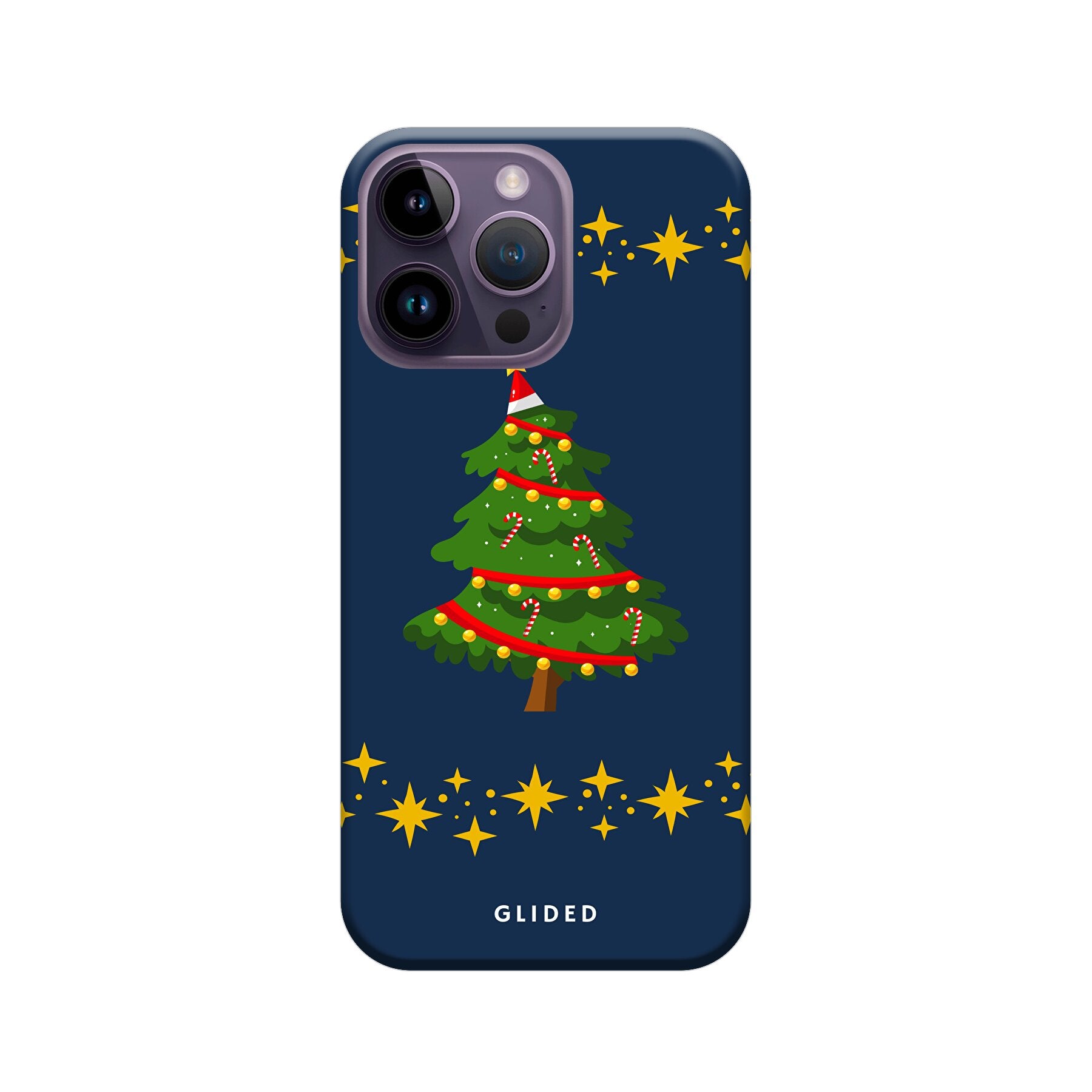 Weihnachtsbaum iPhone 14 Pro Max Handyhülle mit glitzerndem Schnee und festlichem Design.