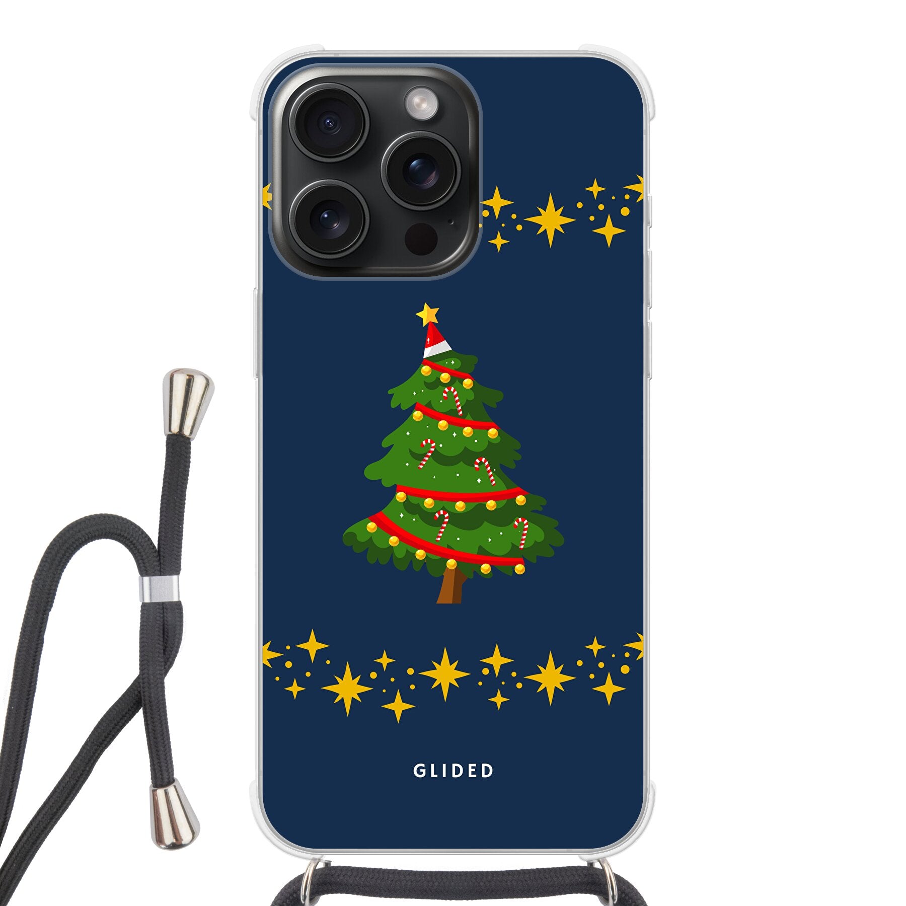 Weihnachtsbaum iPhone 15 Pro Max Handyhülle mit glitzerndem Schnee und festlichem Design, ideal für die Winterzeit.